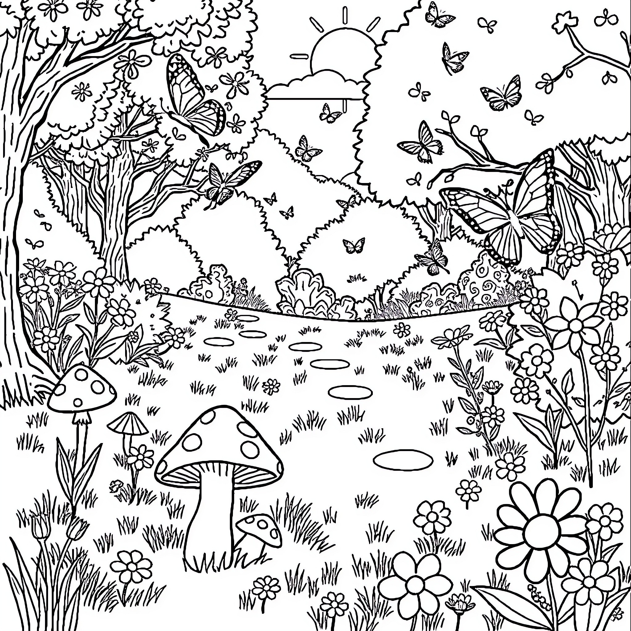 Butterfly Nature Wonderland Coloring Page (free black-and-white line drawing printable PDF for all, from beginners to advanced learners, including children, teens, adults, and seniors)