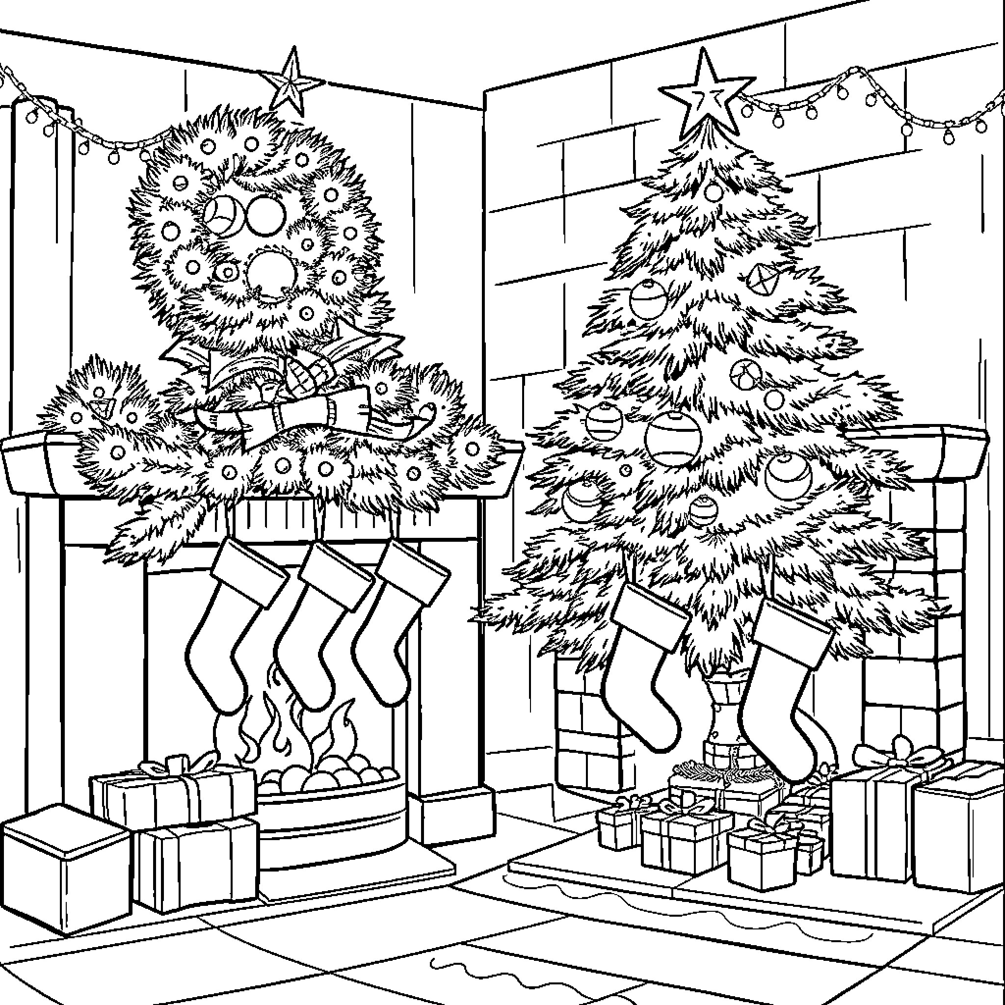 Christmas Decorations and Festive Tree Coloring Page (free black-and-white line drawing printable PDF for all, from beginners to advanced learners, including children, teens, adults, and seniors)