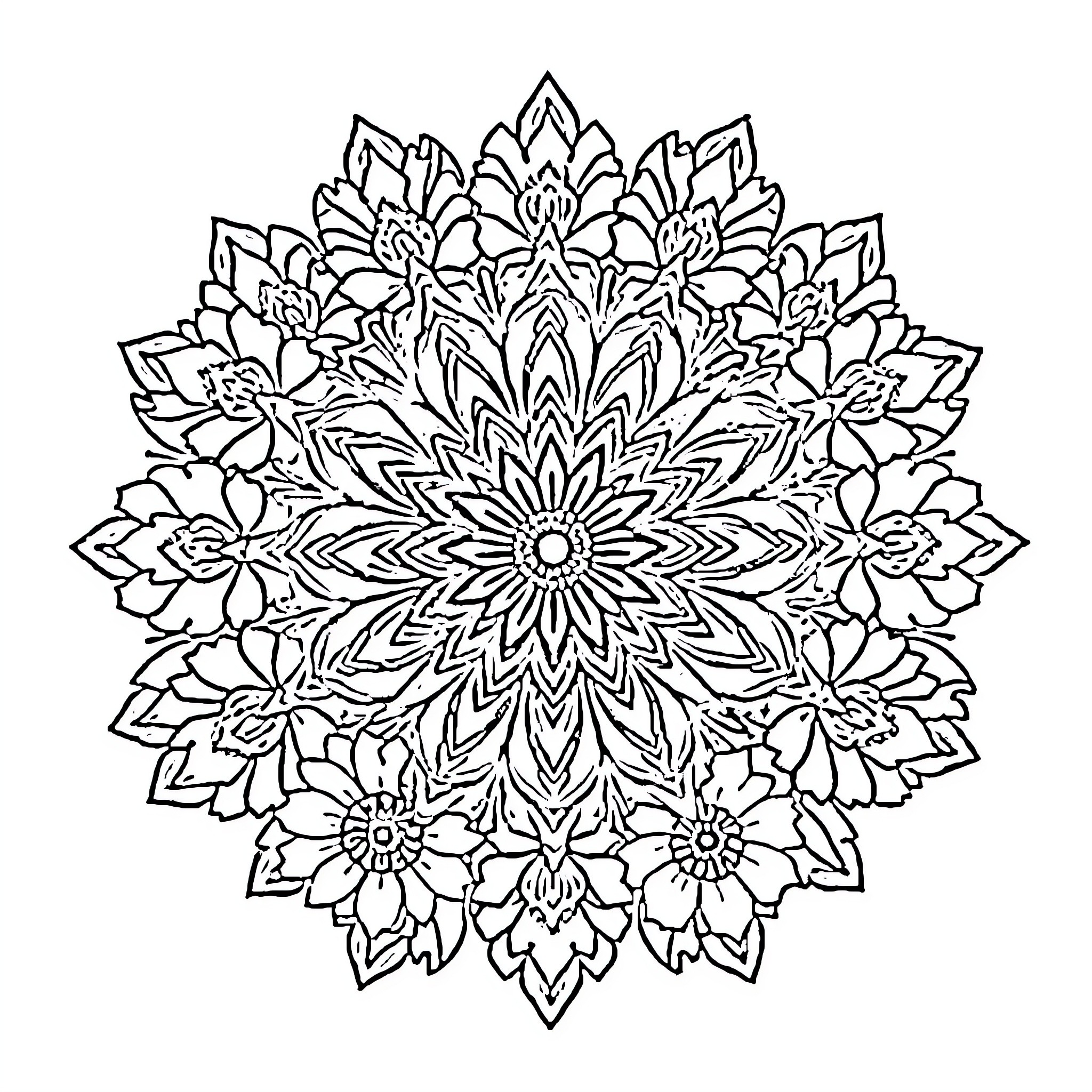 Mandala of intricate floral patterns Coloring Page (free black-and-white line drawing printable PDF for all, from beginners to advanced learners, including children, teens, adults, and seniors)