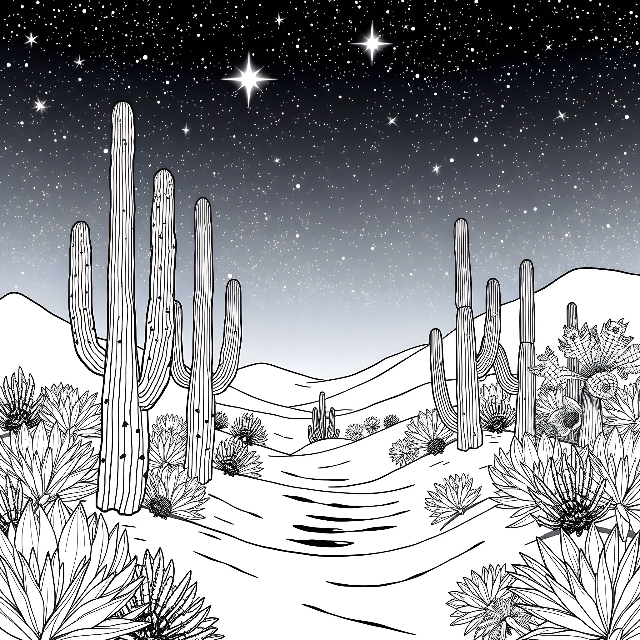 Desert landscape with starry night sky Coloring Page (free black-and-white line drawing printable PDF for all, from beginners to advanced learners, including children, teens, adults, and seniors)