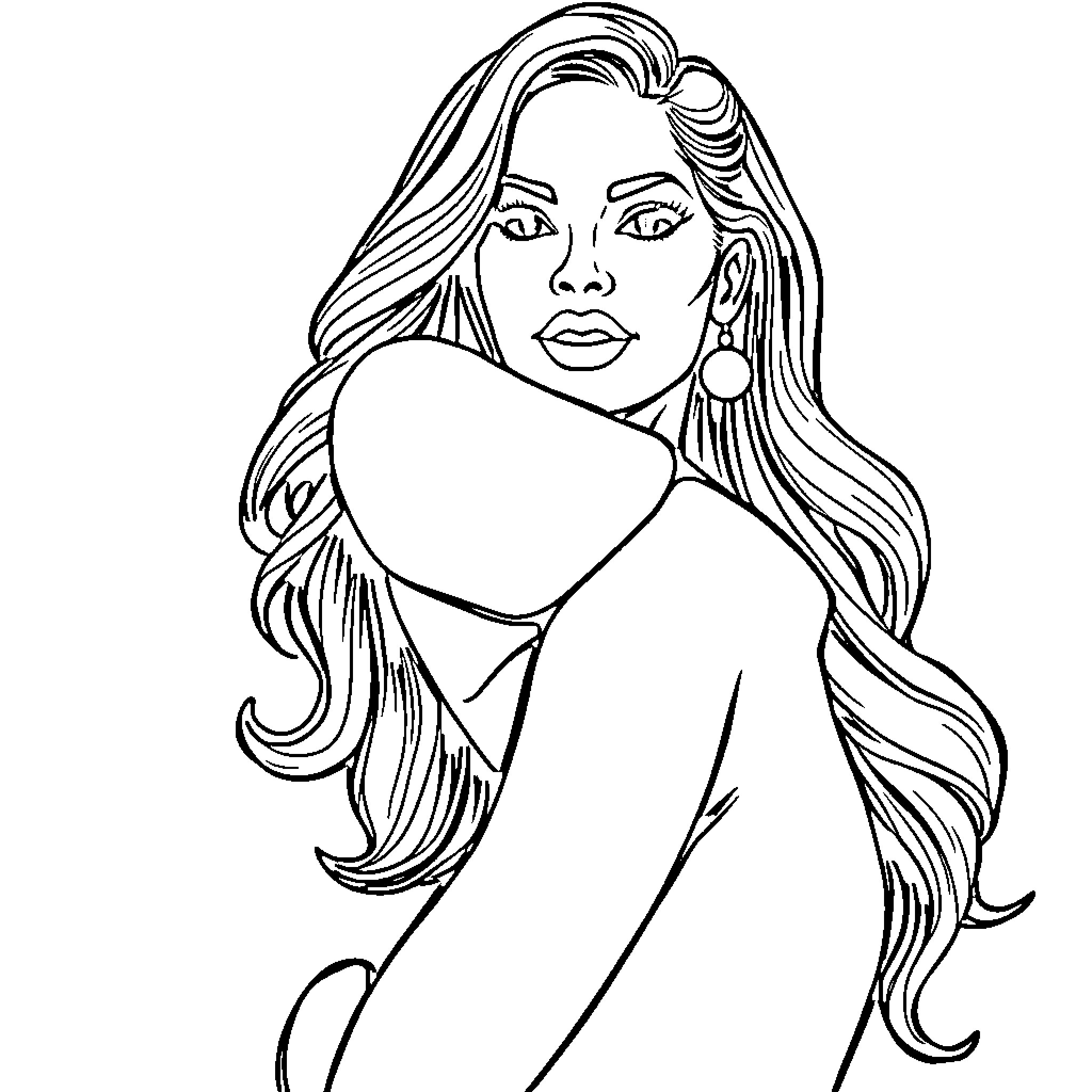 Latina Woman with Flowing Hair and Confident Pose Coloring Page (free black-and-white line drawing printable PDF for all, from beginners to advanced learners, including children, teens, adults, and seniors)