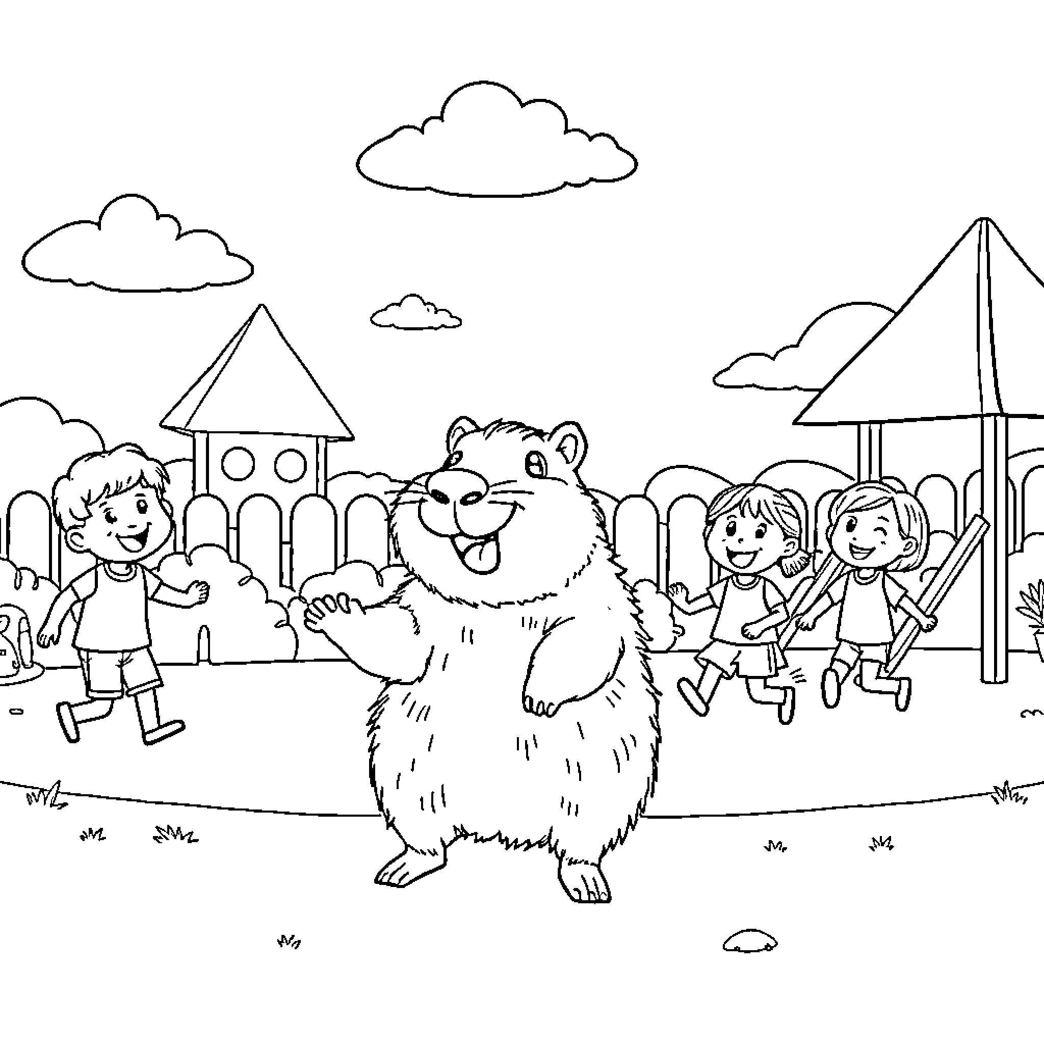 Capybara enjoying a day at the playground Coloring Page (free black-and-white line drawing printable PDF for all, from beginners to advanced learners, including children, teens, adults, and seniors)