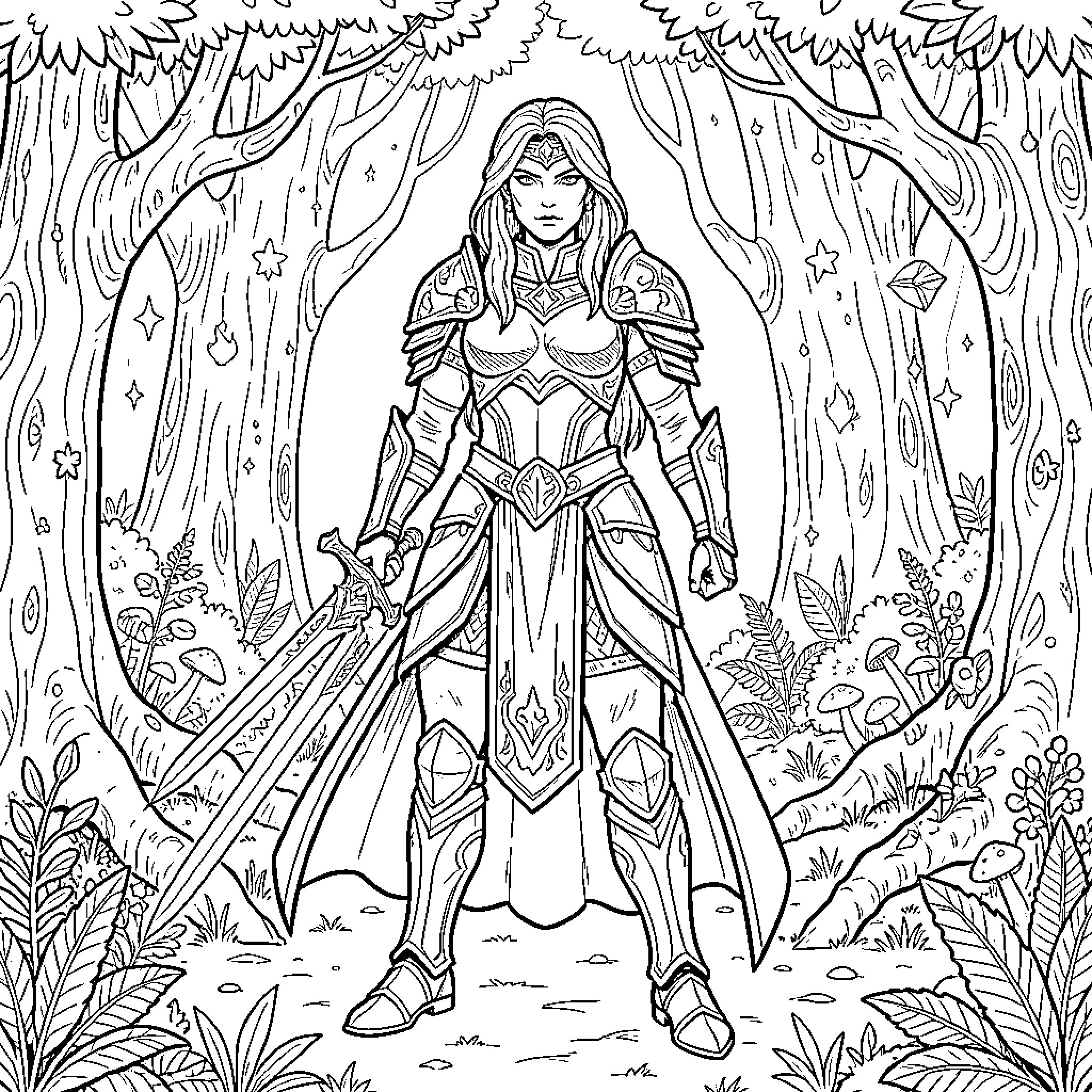 Warrior Princess standing tall with a sword in forest Coloring Page (free black-and-white line drawing printable PDF for all, from beginners to advanced learners, including children, teens, adults, and seniors)