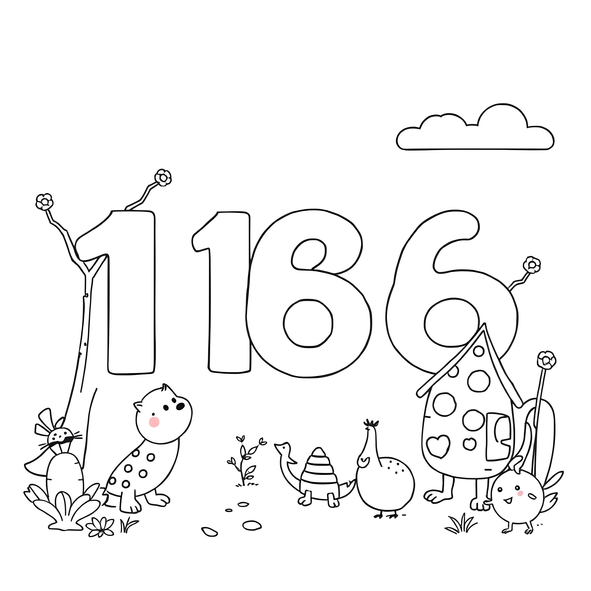 Number 1136 with Cute Animals Coloring Page (free black-and-white line drawing printable PDF for all, from beginners to advanced learners, including children, teens, adults, and seniors)