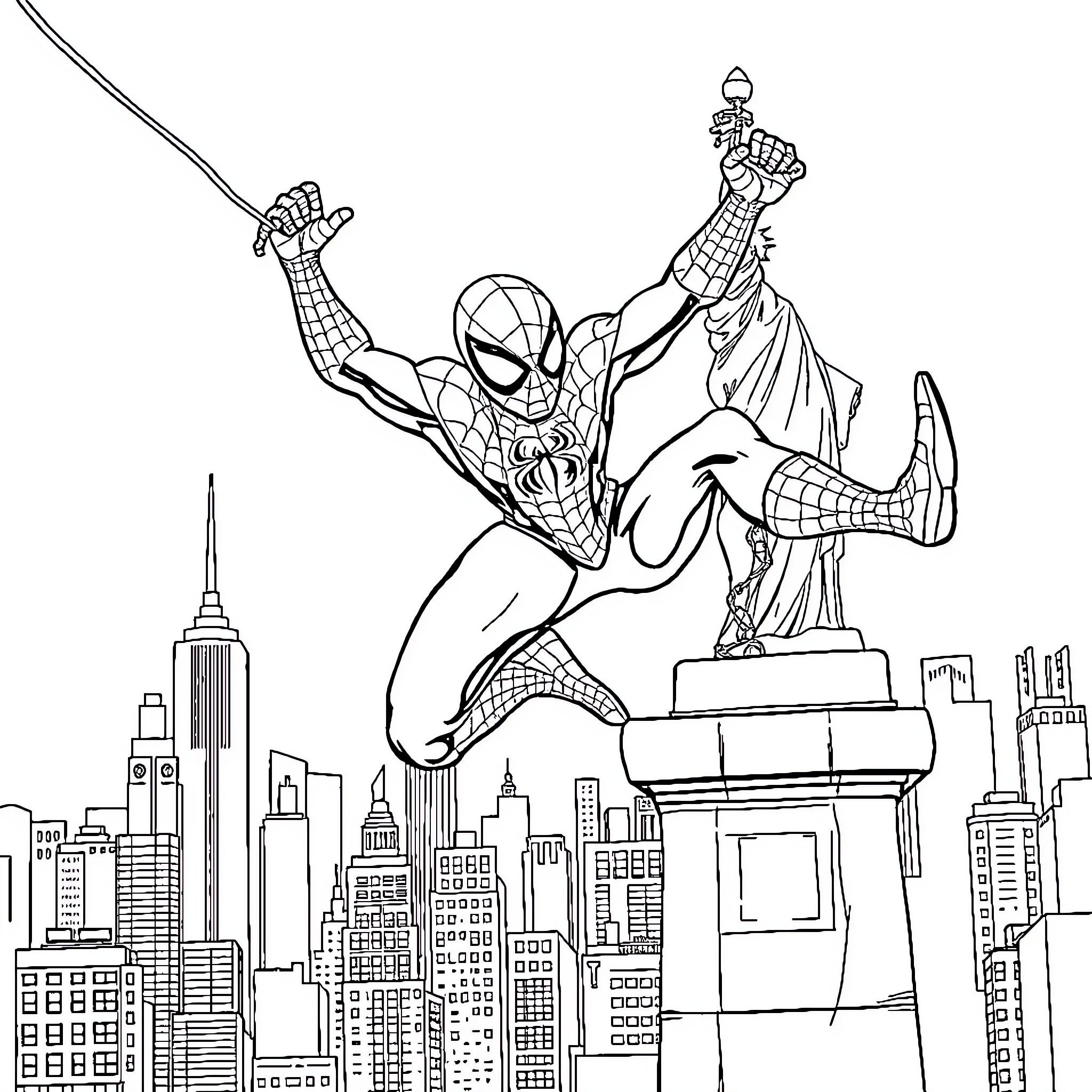Spider-Man swinging through the city skyline Coloring Page (free black-and-white line drawing printable PDF for all, from beginners to advanced learners, including children, teens, adults, and seniors)