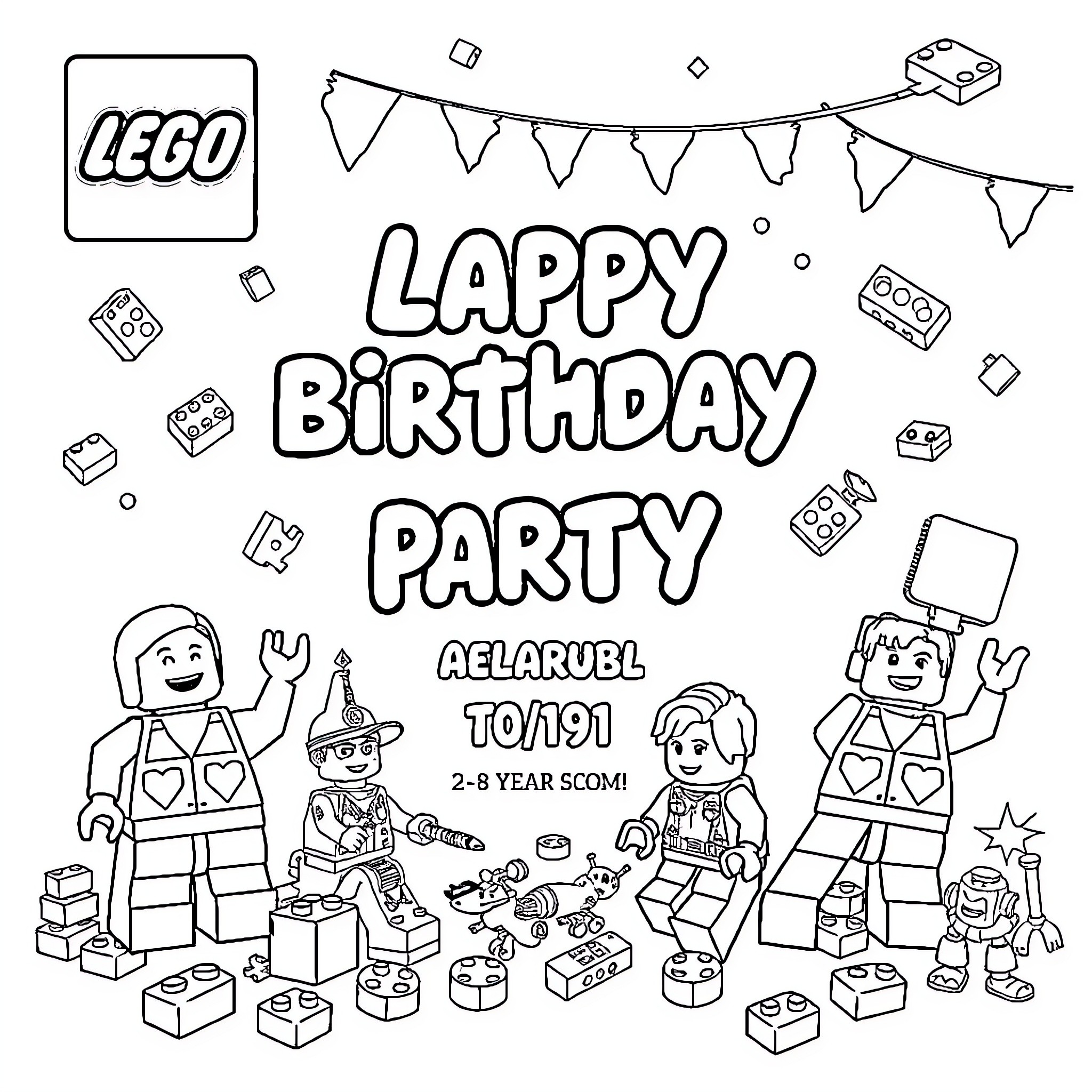 Lego characters celebrating a birthday party Coloring Page (free black-and-white line drawing printable PDF for all, from beginners to advanced learners, including children, teens, adults, and seniors)