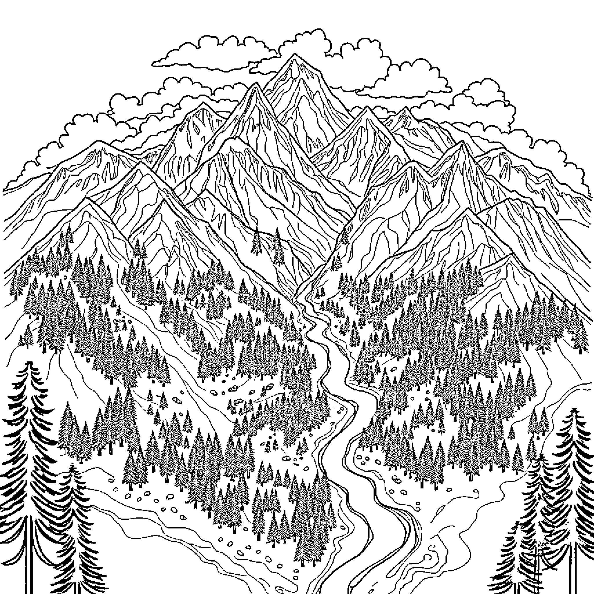 Map of Majestic Mountain Landscape Coloring Page (free black-and-white line drawing printable PDF for all, from beginners to advanced learners, including children, teens, adults, and seniors)