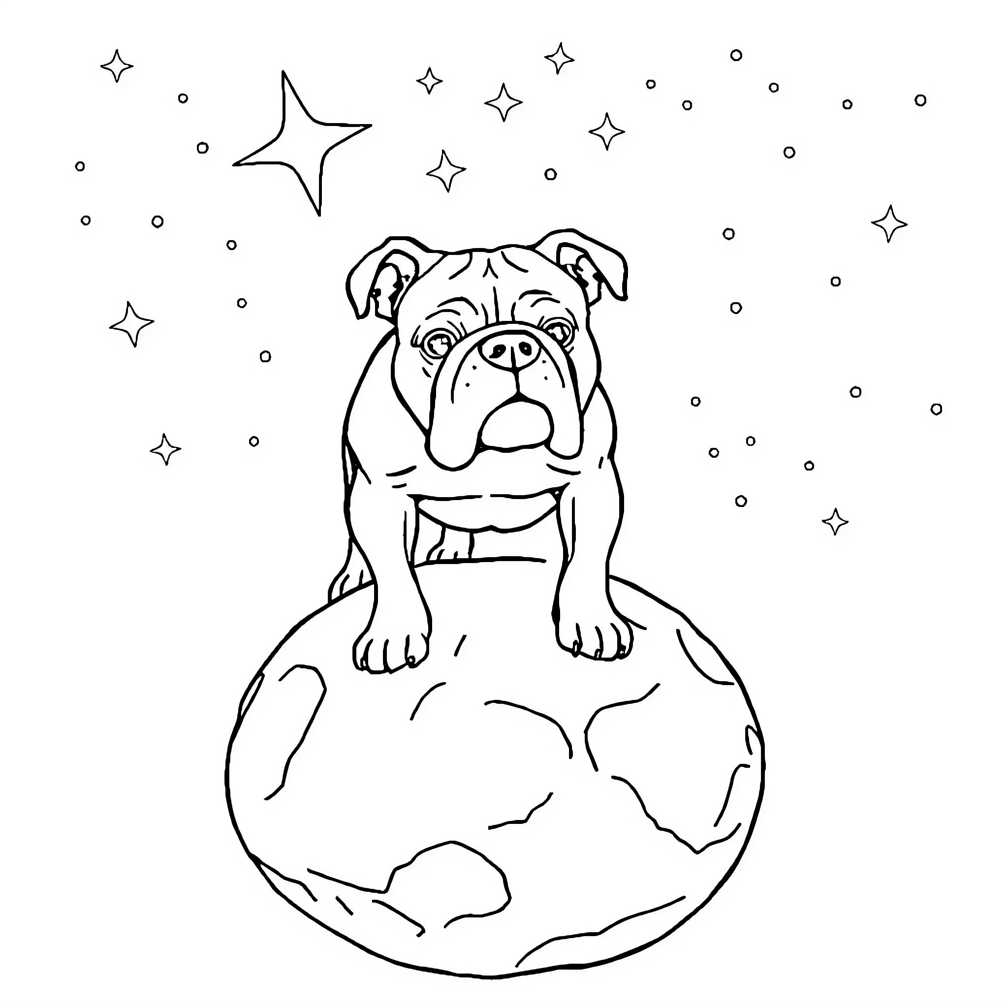 Bulldog sitting on the globe with stars Coloring Page (free black-and-white line drawing printable PDF for all, from beginners to advanced learners, including children, teens, adults, and seniors)