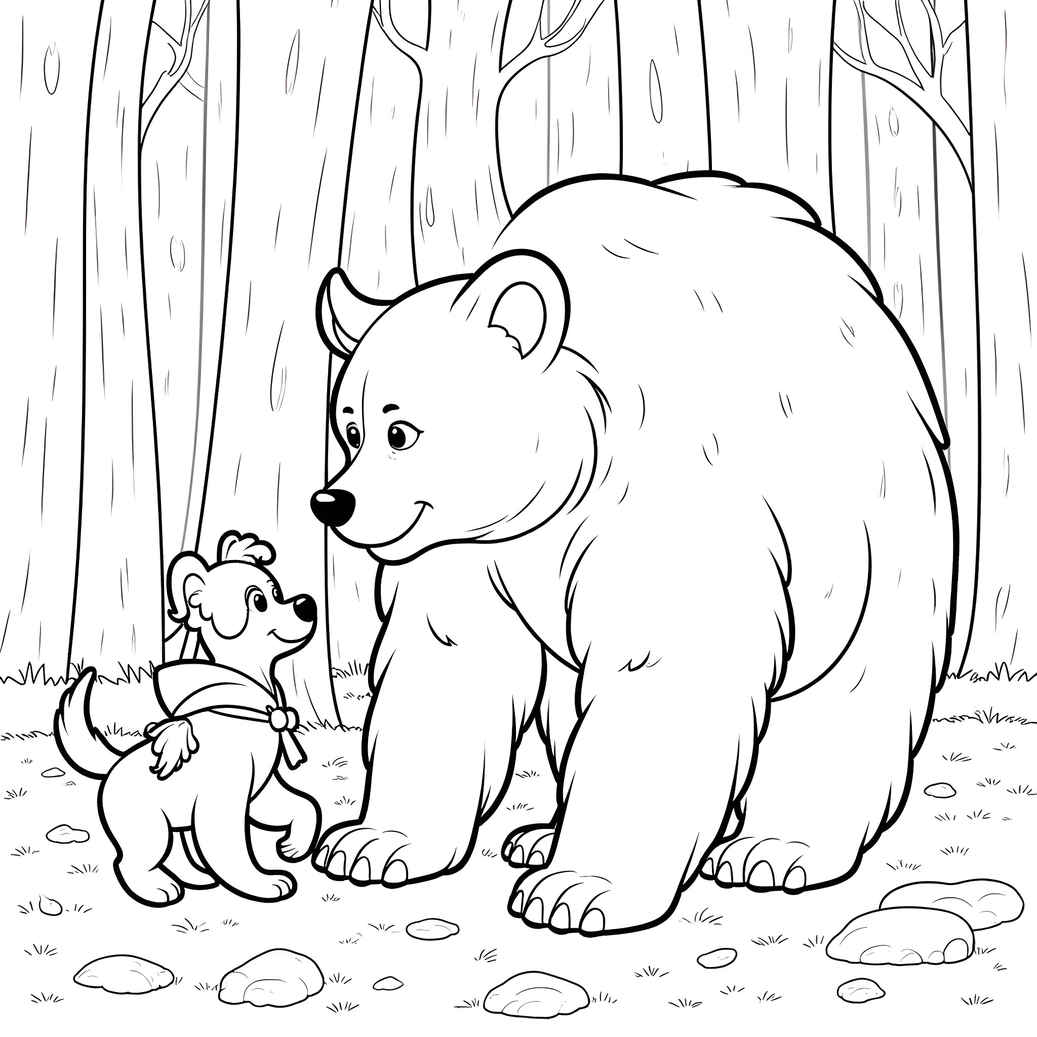 Puppy exploring the forest with a bear Coloring Page (free black-and-white line drawing printable PDF for all, from beginners to advanced learners, including children, teens, adults, and seniors)