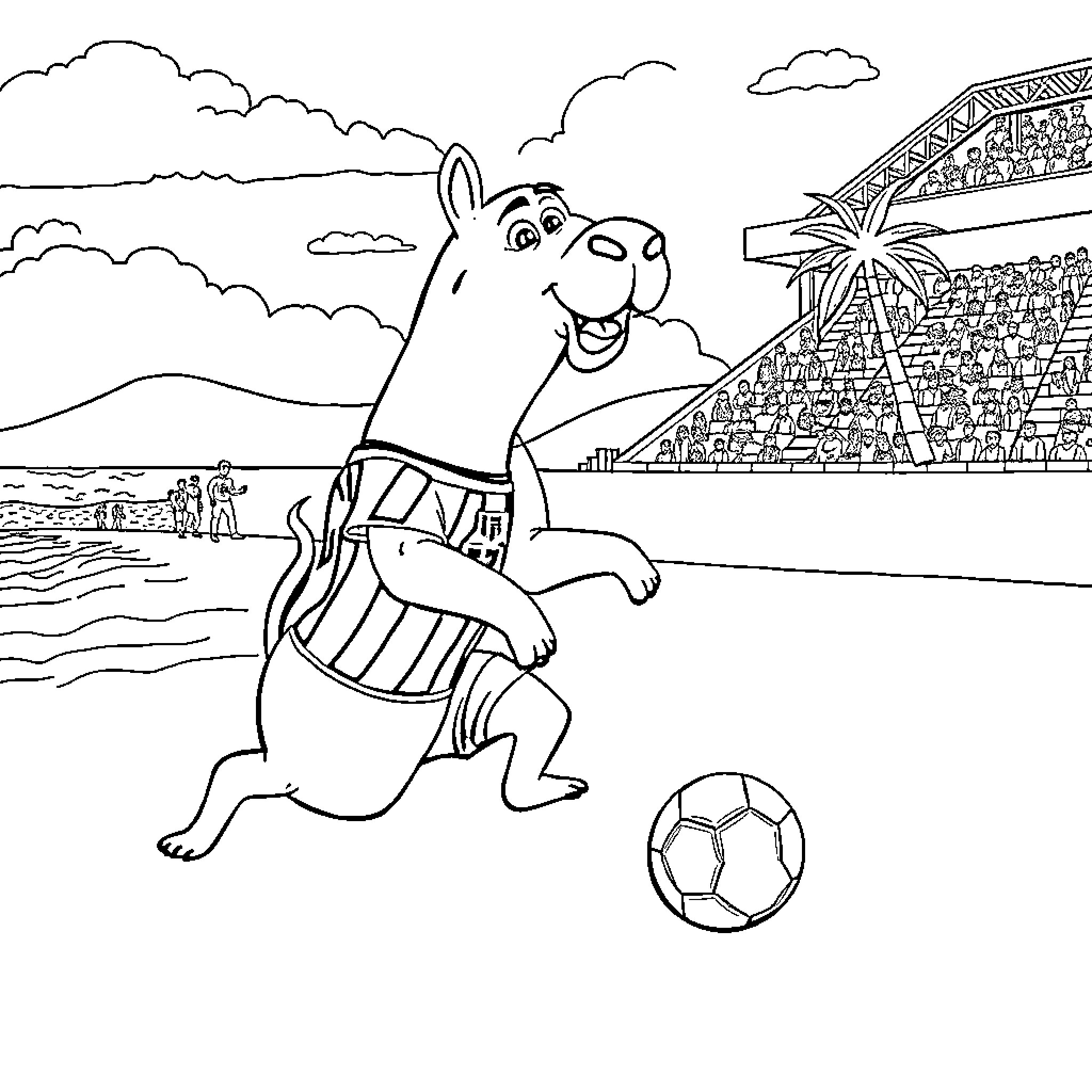 Capybara playing soccer in the stadium Coloring Page (free black-and-white line drawing printable PDF for all, from beginners to advanced learners, including children, teens, adults, and seniors)