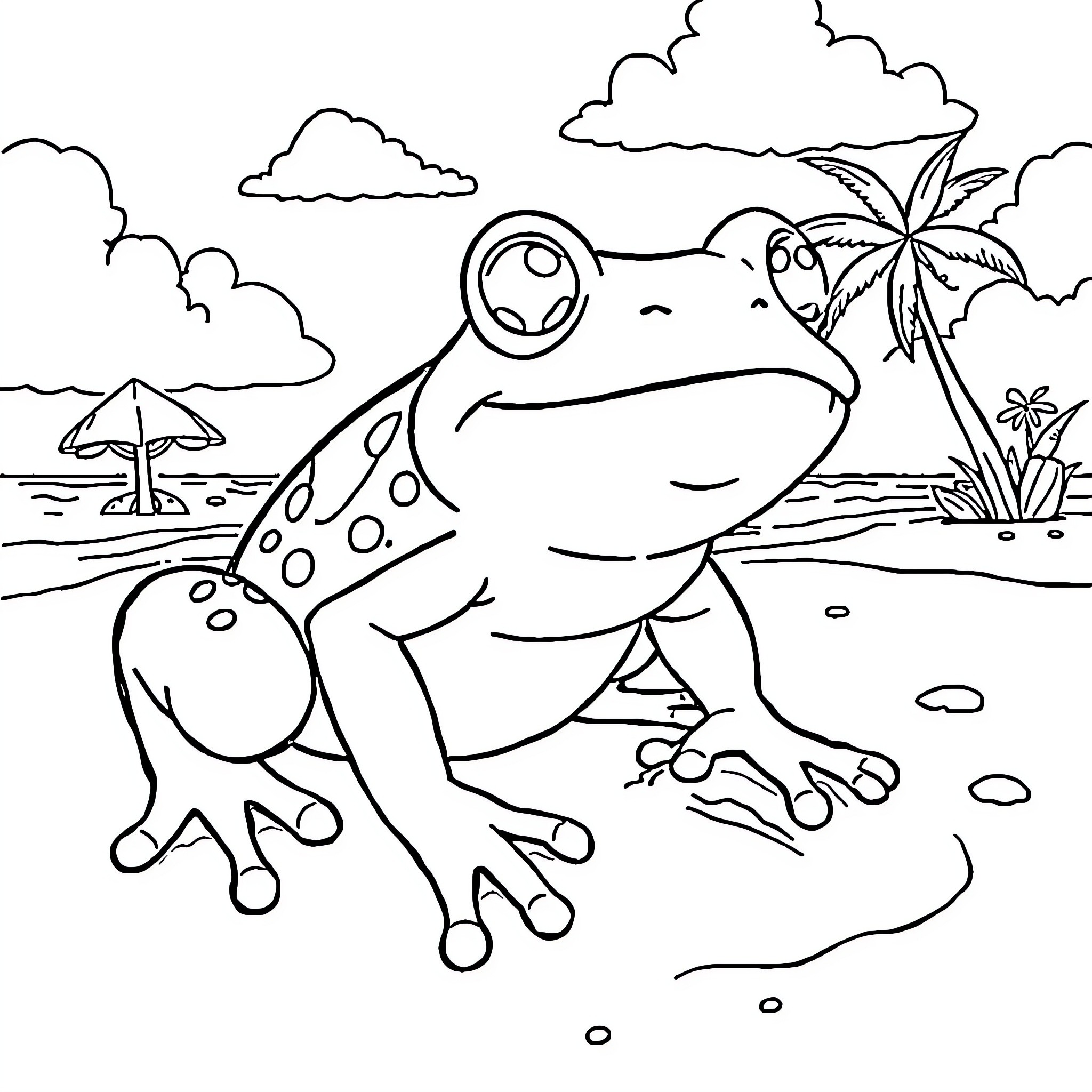 Keropi enjoying beach scene with palm trees Coloring Page (free black-and-white line drawing printable PDF for all, from beginners to advanced learners, including children, teens, adults, and seniors)