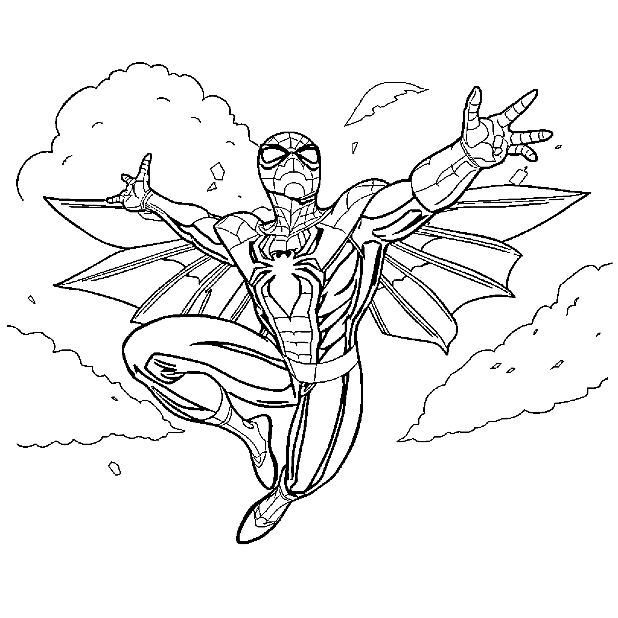 Spider-Man soaring through the sky in action pose Coloring Page (free black-and-white line drawing printable PDF for all, from beginners to advanced learners, including children, teens, adults, and seniors)