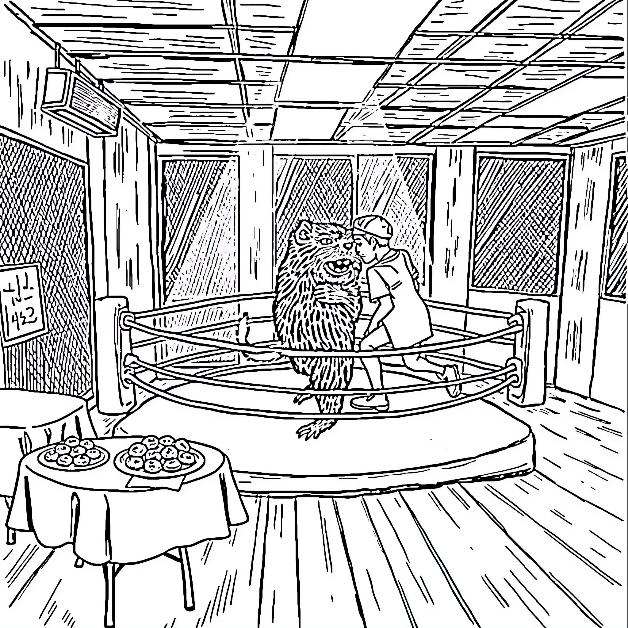 Boxing Match in a Dimly Lit Ring Coloring Page (free black-and-white line drawing printable PDF for all, from beginners to advanced learners, including children, teens, adults, and seniors)