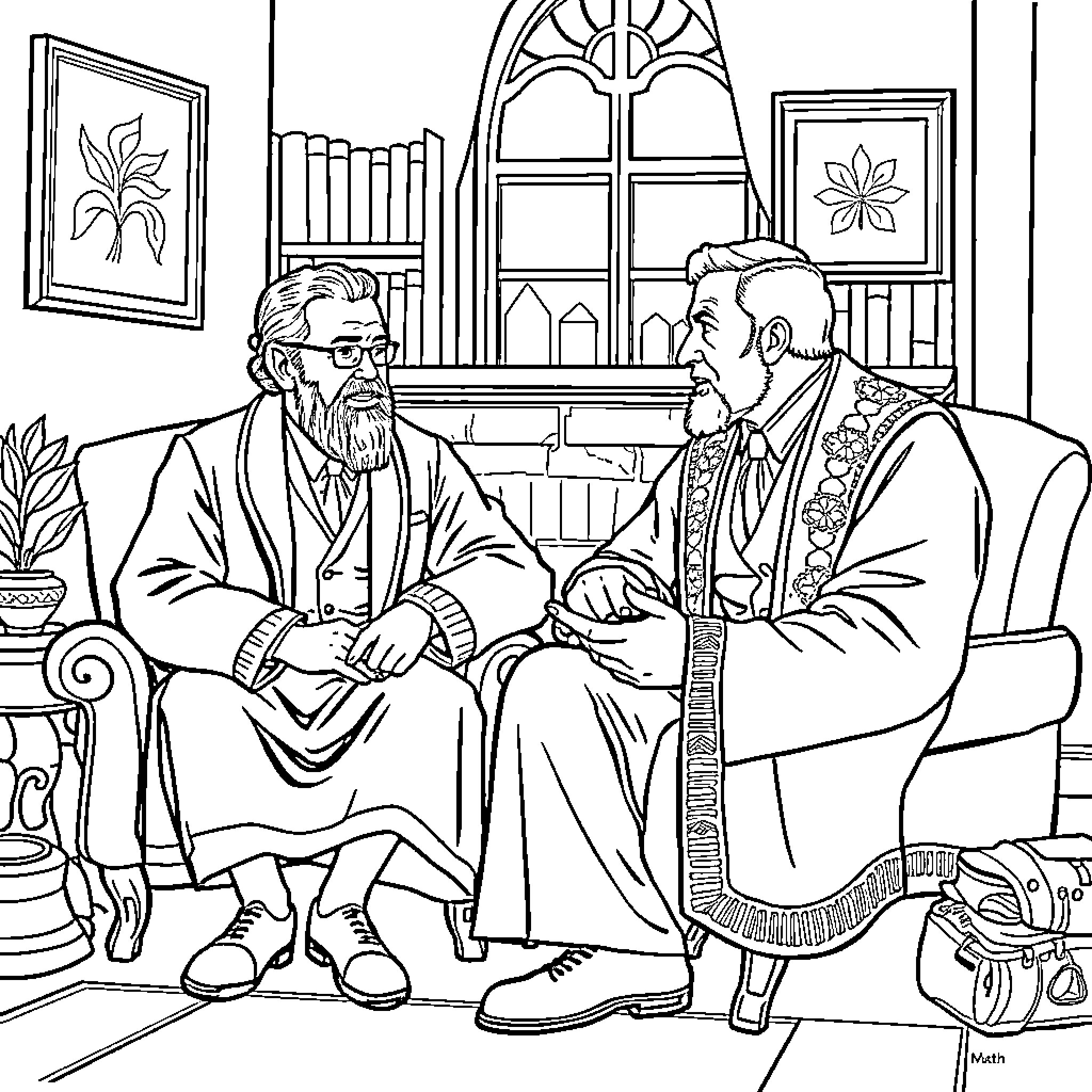 Joseph Smith in religious discussion with a man Coloring Page (free black-and-white line drawing printable PDF for all, from beginners to advanced learners, including children, teens, adults, and seniors)