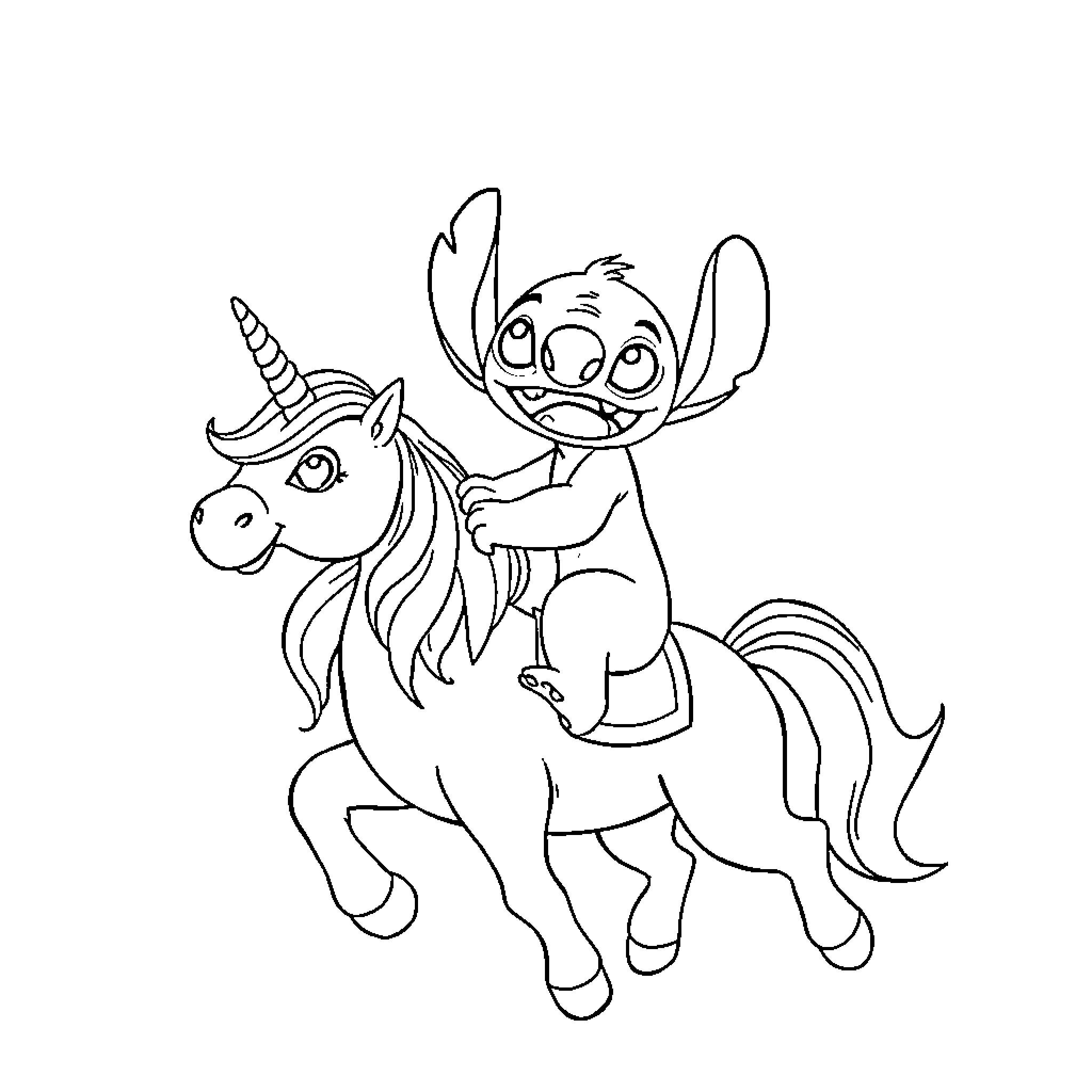 Stitch Riding a Unicorn Joyfully Coloring Page (free black-and-white line drawing printable PDF for all, from beginners to advanced learners, including children, teens, adults, and seniors)