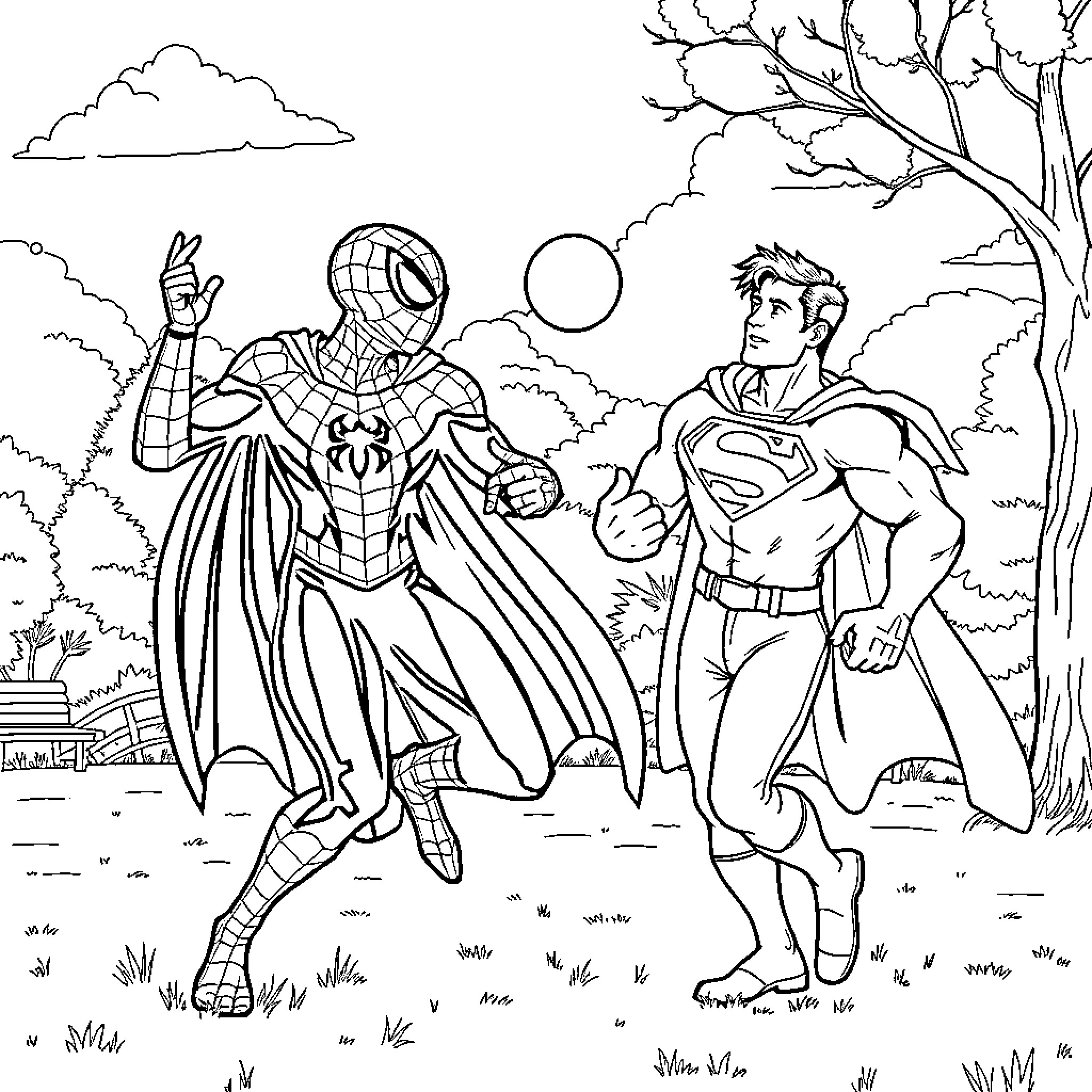 Spiderman and Superman in an epic showdown Coloring Page (free black-and-white line drawing printable PDF for all, from beginners to advanced learners, including children, teens, adults, and seniors)