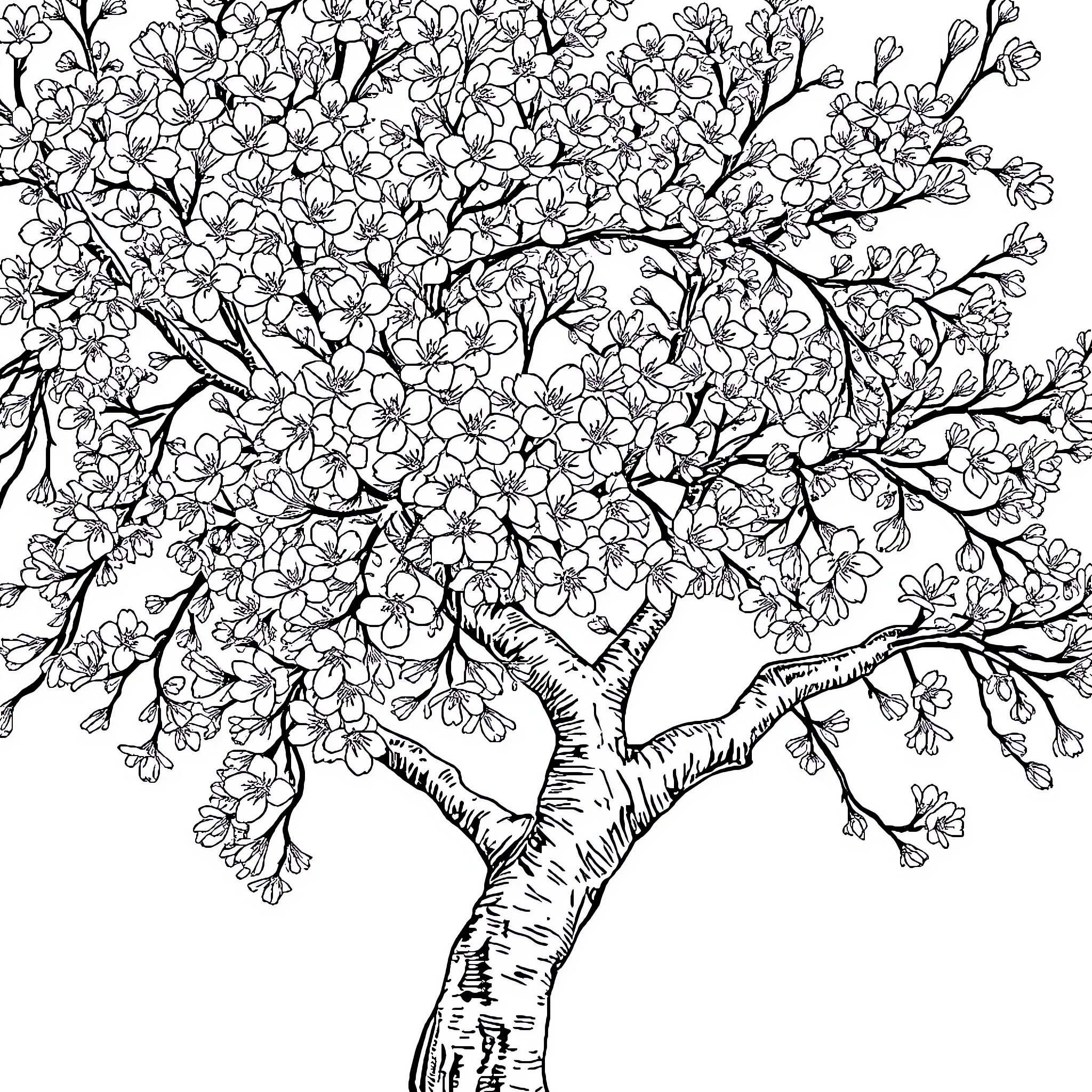 Cherry Blossom Tree in Full Bloom Coloring Page (free black-and-white line drawing printable PDF for all, from beginners to advanced learners, including children, teens, adults, and seniors)