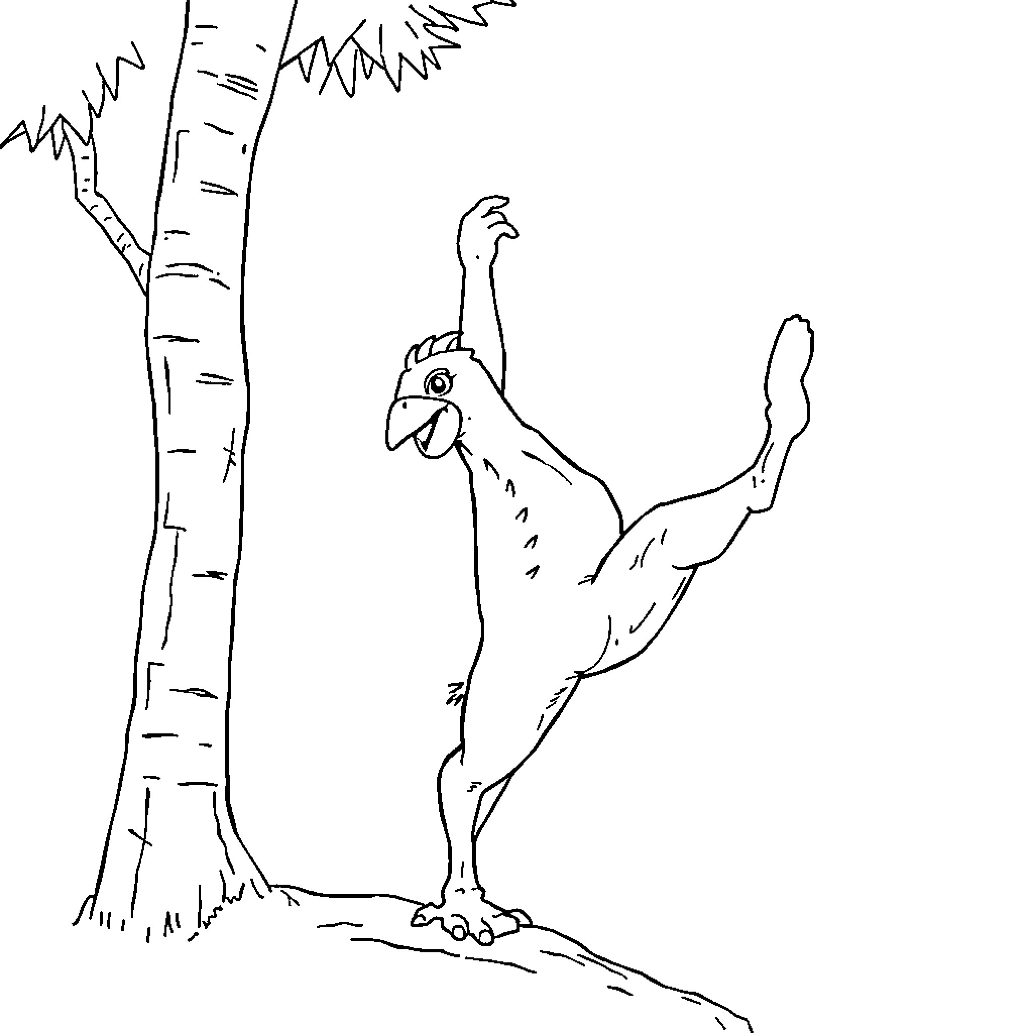 Cubarsi Rooster crowing beneath tree Coloring Page (free black-and-white line drawing printable PDF for all, from beginners to advanced learners, including children, teens, adults, and seniors)