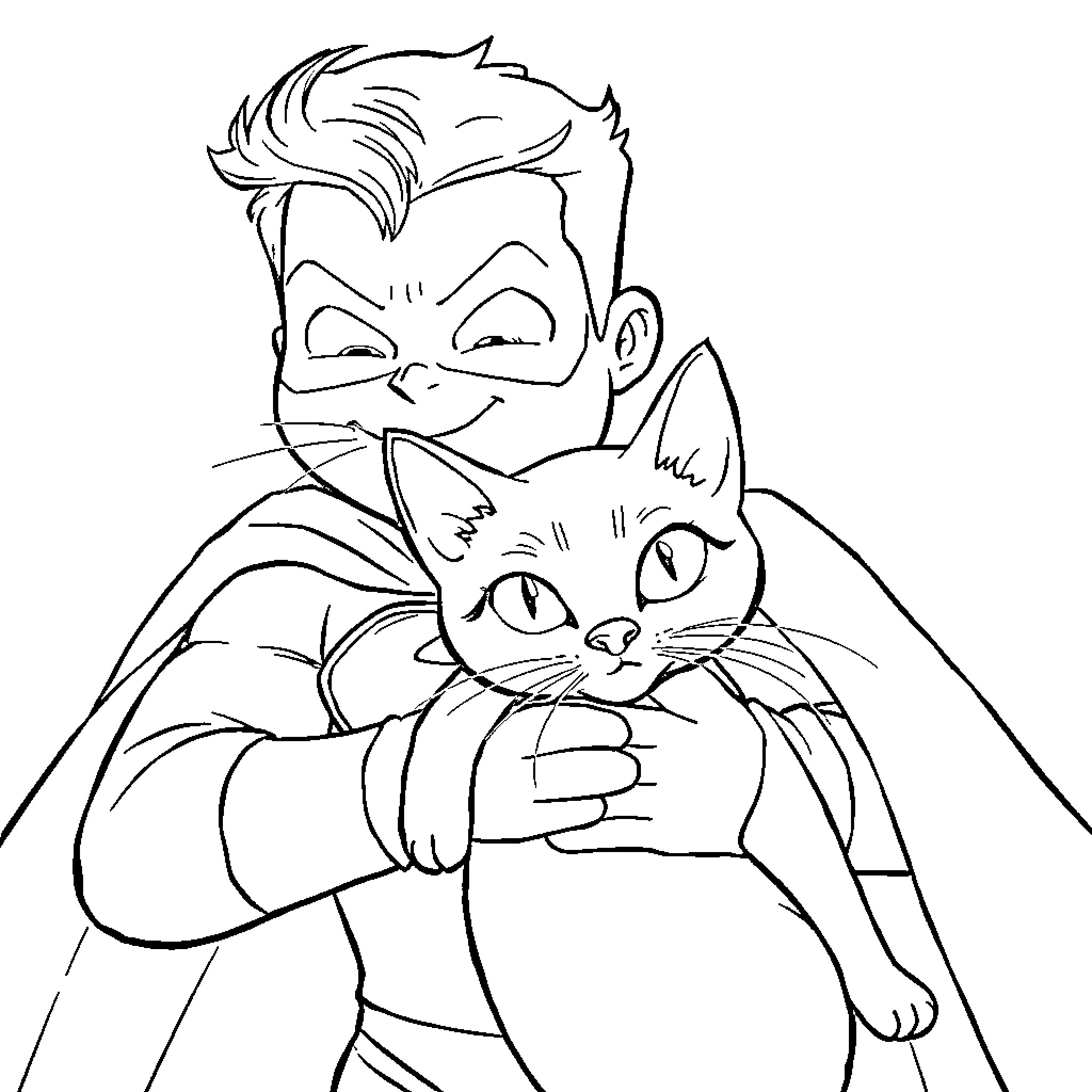 Superman cuddling a friendly cat Coloring Page (free black-and-white line drawing printable PDF for all, from beginners to advanced learners, including children, teens, adults, and seniors)