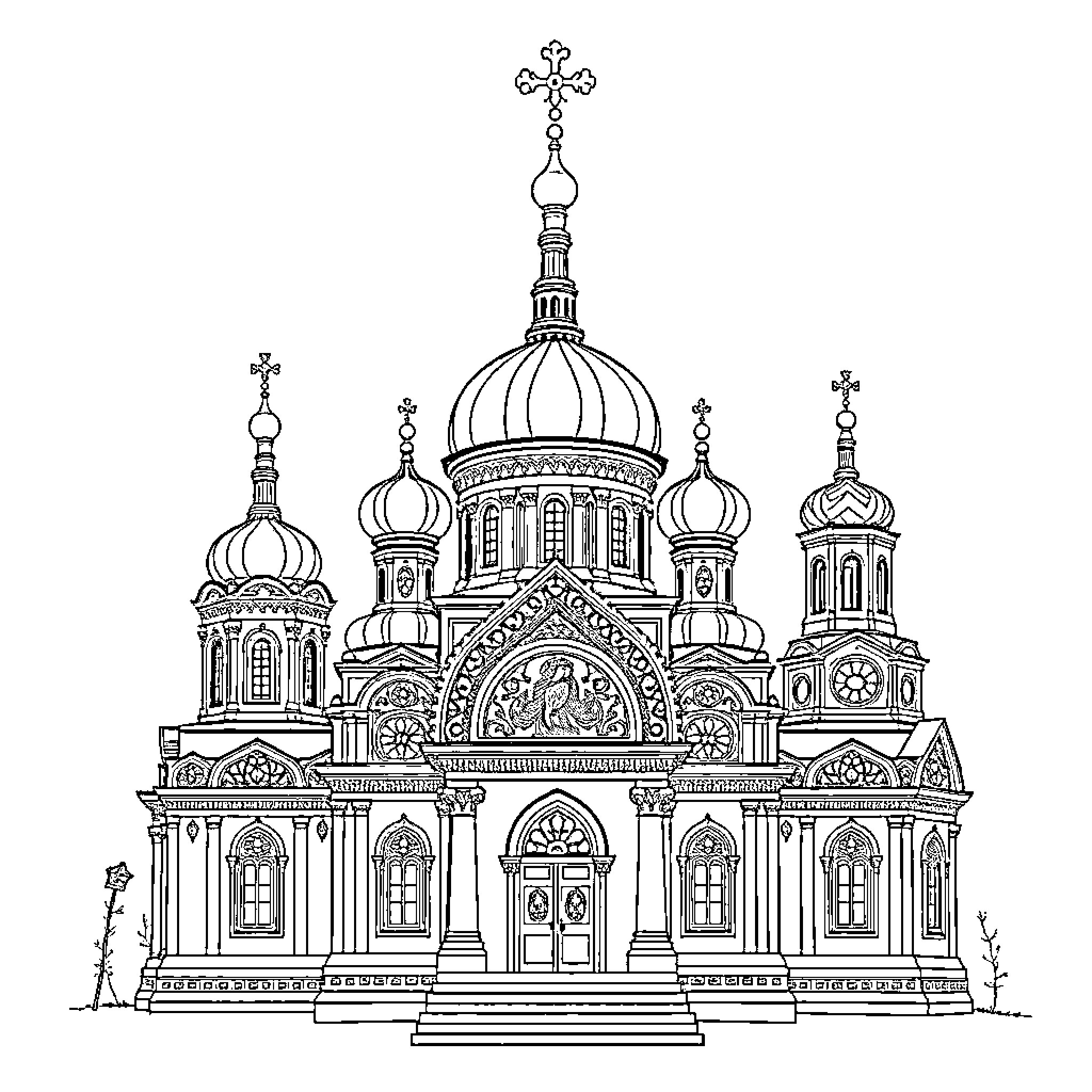 Orthodox Church with Ornate Domes and Architectural Details Coloring Page (free black-and-white line drawing printable PDF for all, from beginners to advanced learners, including children, teens, adults, and seniors)