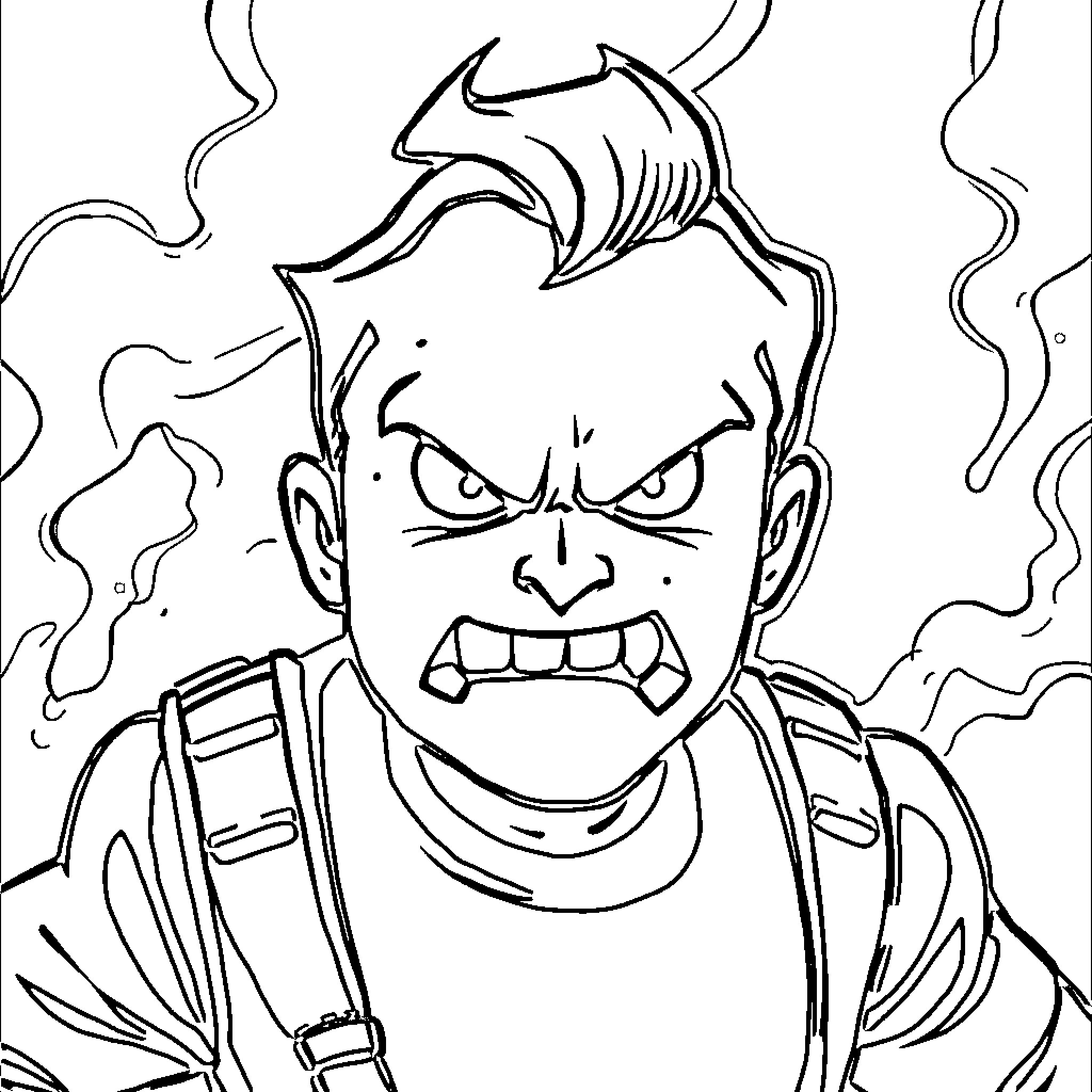 Fallout Boy in angry expression with smoke effects Coloring Page (free black-and-white line drawing printable PDF for all, from beginners to advanced learners, including children, teens, adults, and seniors)