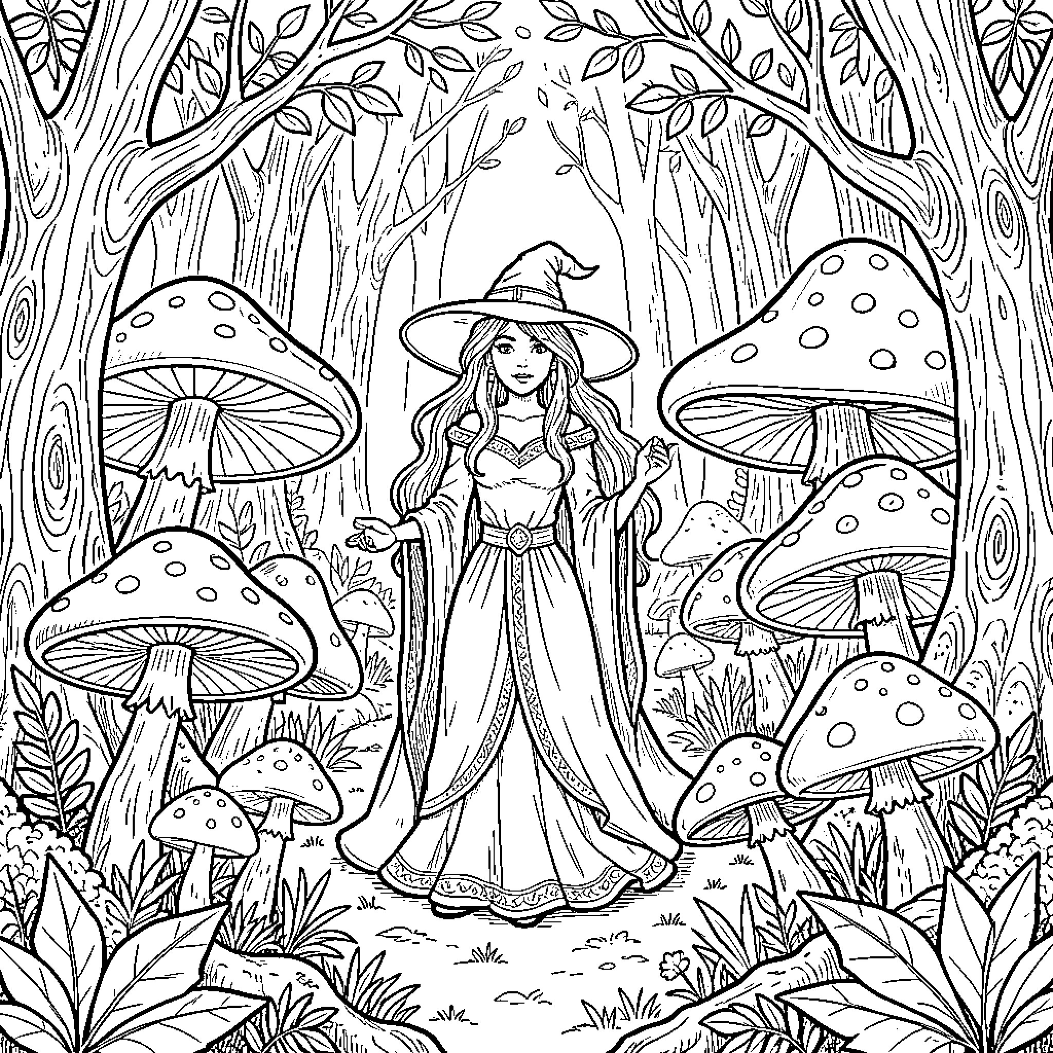 Bruja Witch in Mystical Mushroom Forest Coloring Page (free black-and-white line drawing printable PDF for all, from beginners to advanced learners, including children, teens, adults, and seniors)