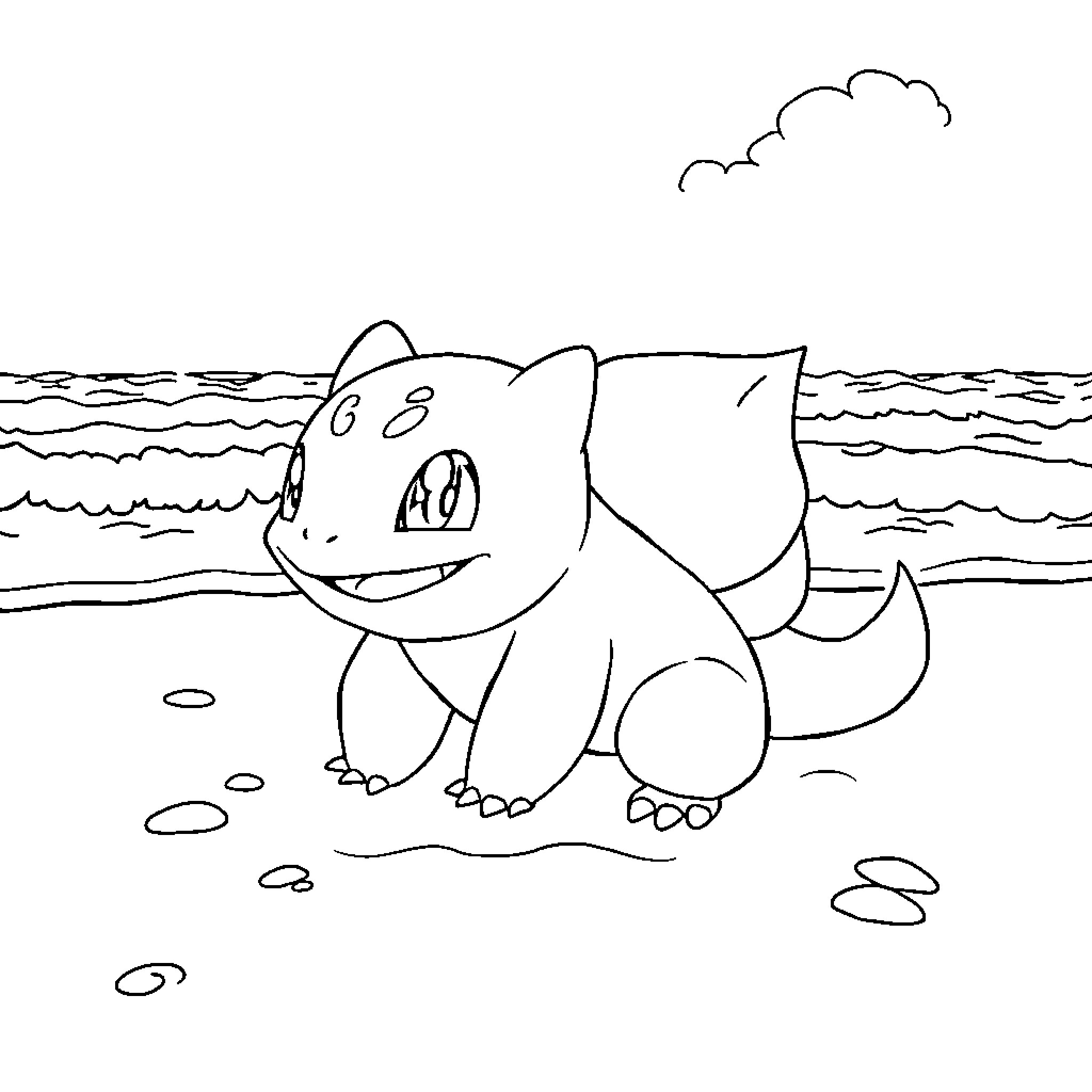 Bulbasaur relaxing on the beach Coloring Page (free black-and-white line drawing printable PDF for all, from beginners to advanced learners, including children, teens, adults, and seniors)