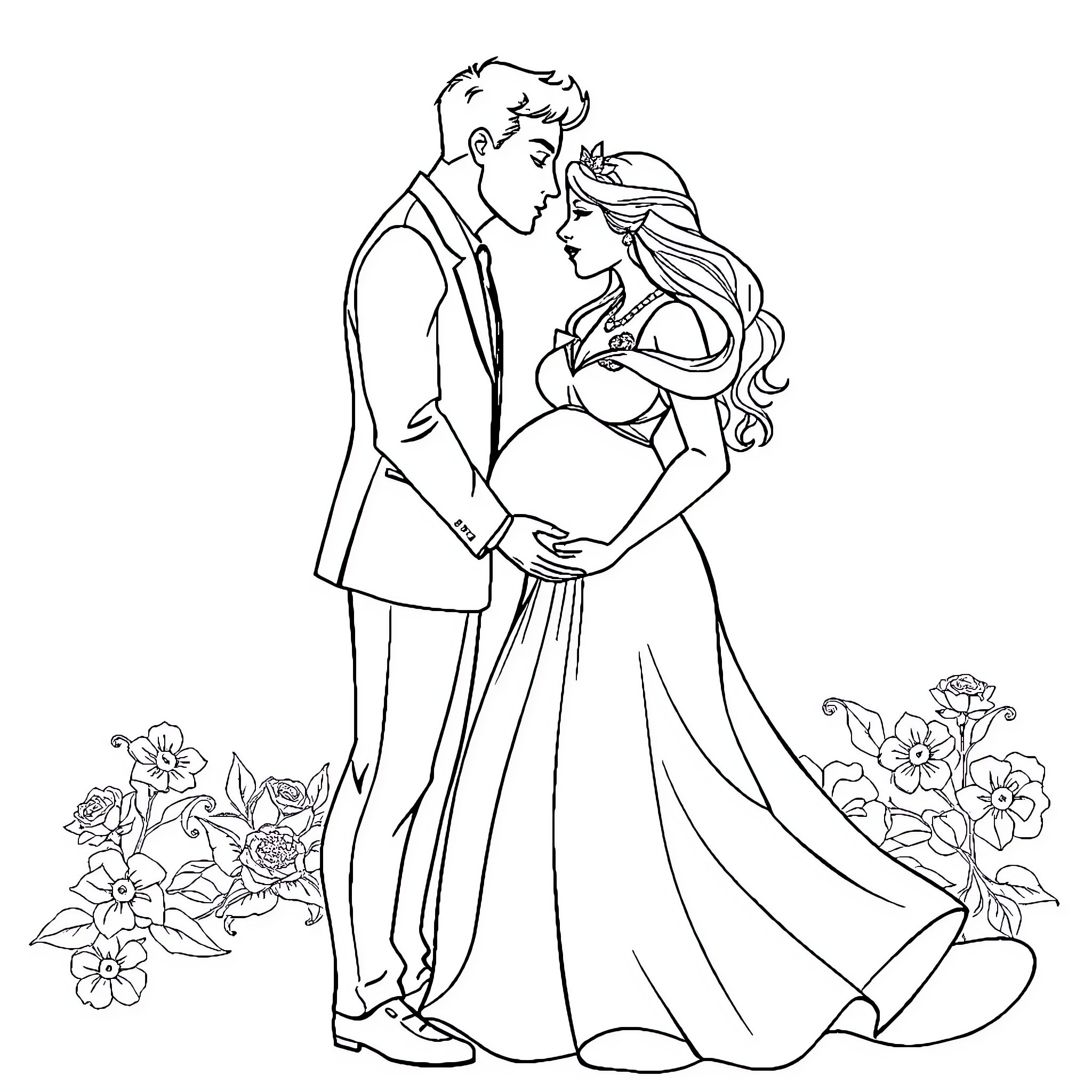 Princess Embracing Her Prince Charming Coloring Page (free black-and-white line drawing printable PDF for all, from beginners to advanced learners, including children, teens, adults, and seniors)