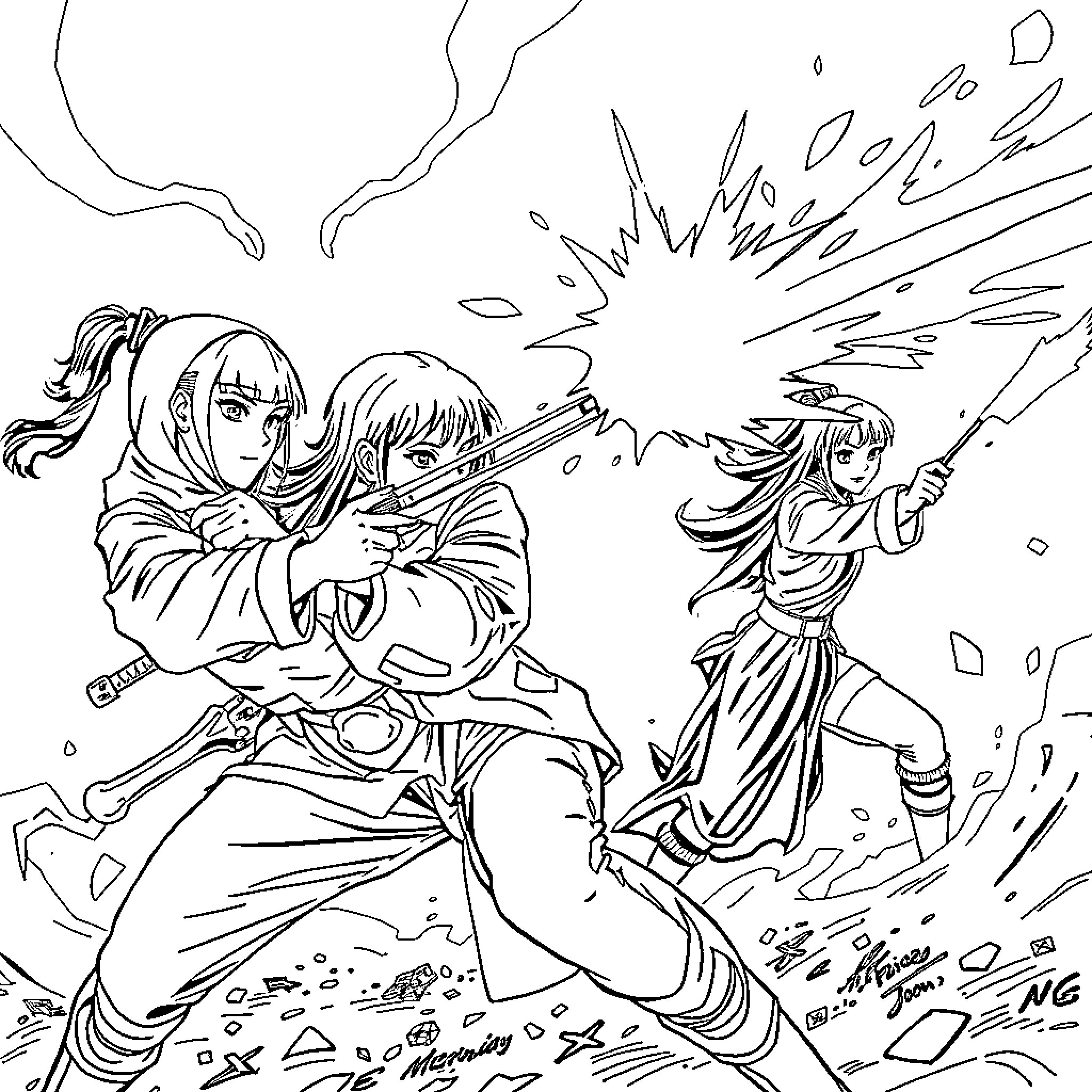 K-Pop Warriors in Explosive Battle Poses Coloring Page (free black-and-white line drawing printable PDF for all, from beginners to advanced learners, including children, teens, adults, and seniors)