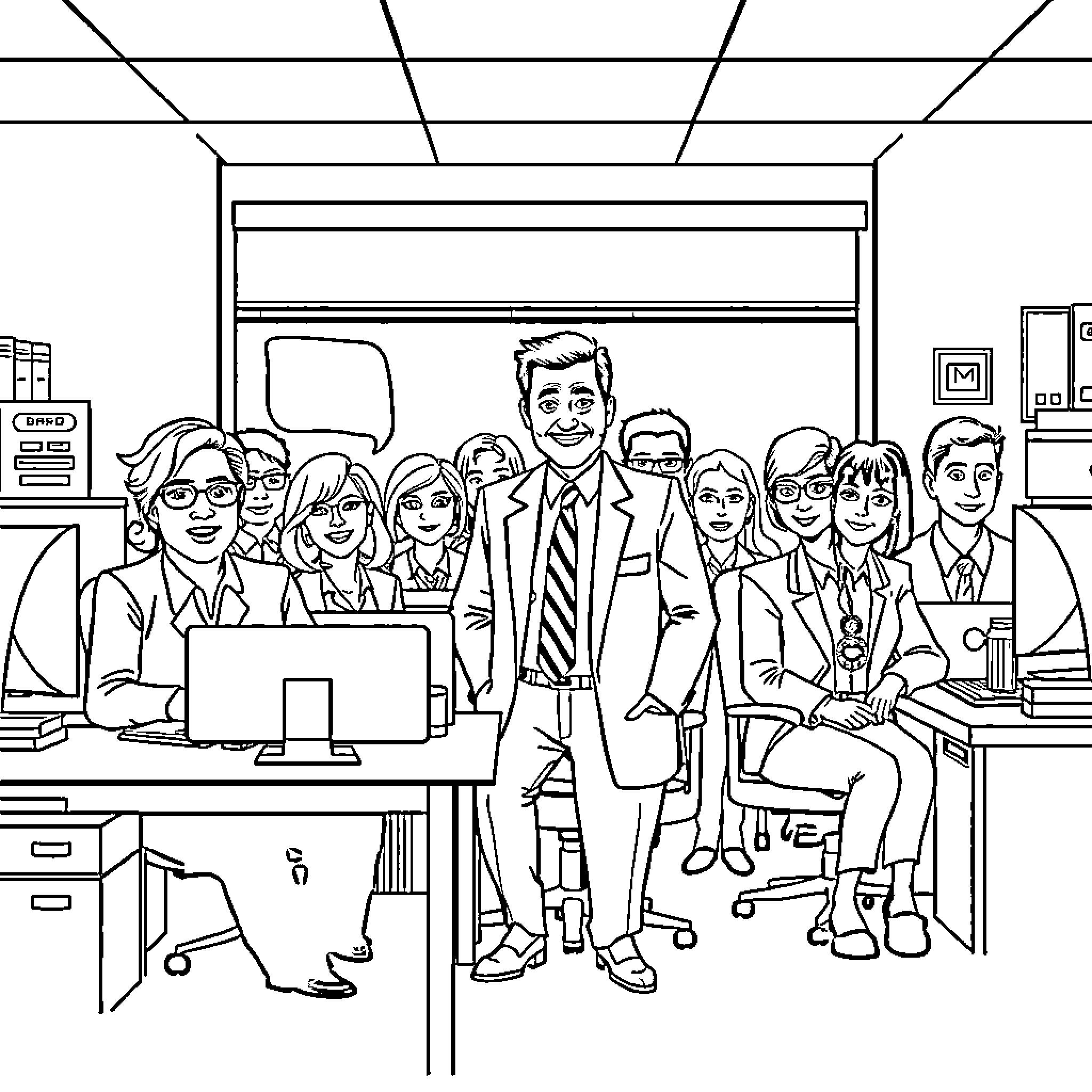 Office Characters in Professional Attire Coloring Page (free black-and-white line drawing printable PDF for all, from beginners to advanced learners, including children, teens, adults, and seniors)