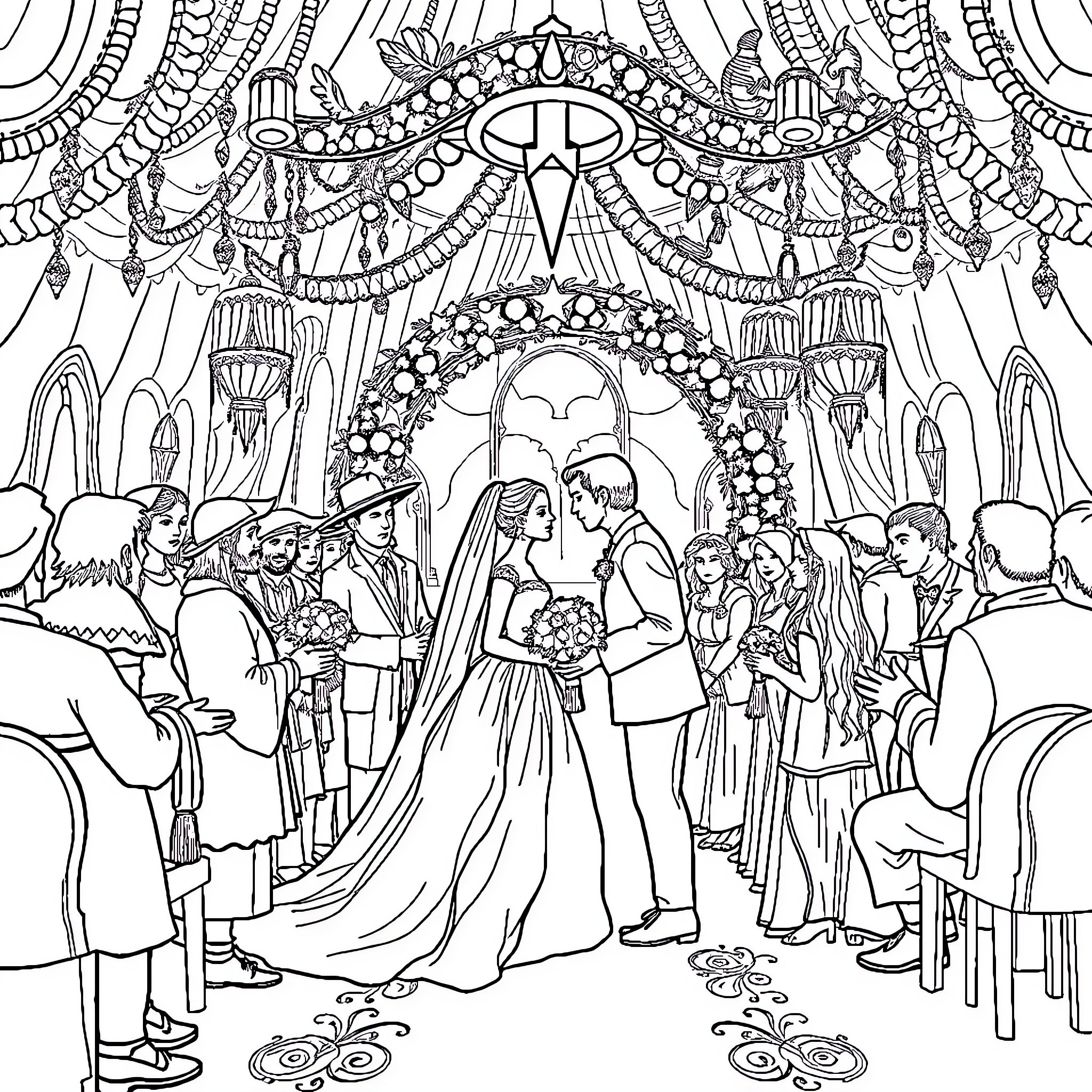Lord of the Rings: A Magical Wedding Ceremony Coloring Page (free black-and-white line drawing printable PDF for all, from beginners to advanced learners, including children, teens, adults, and seniors)