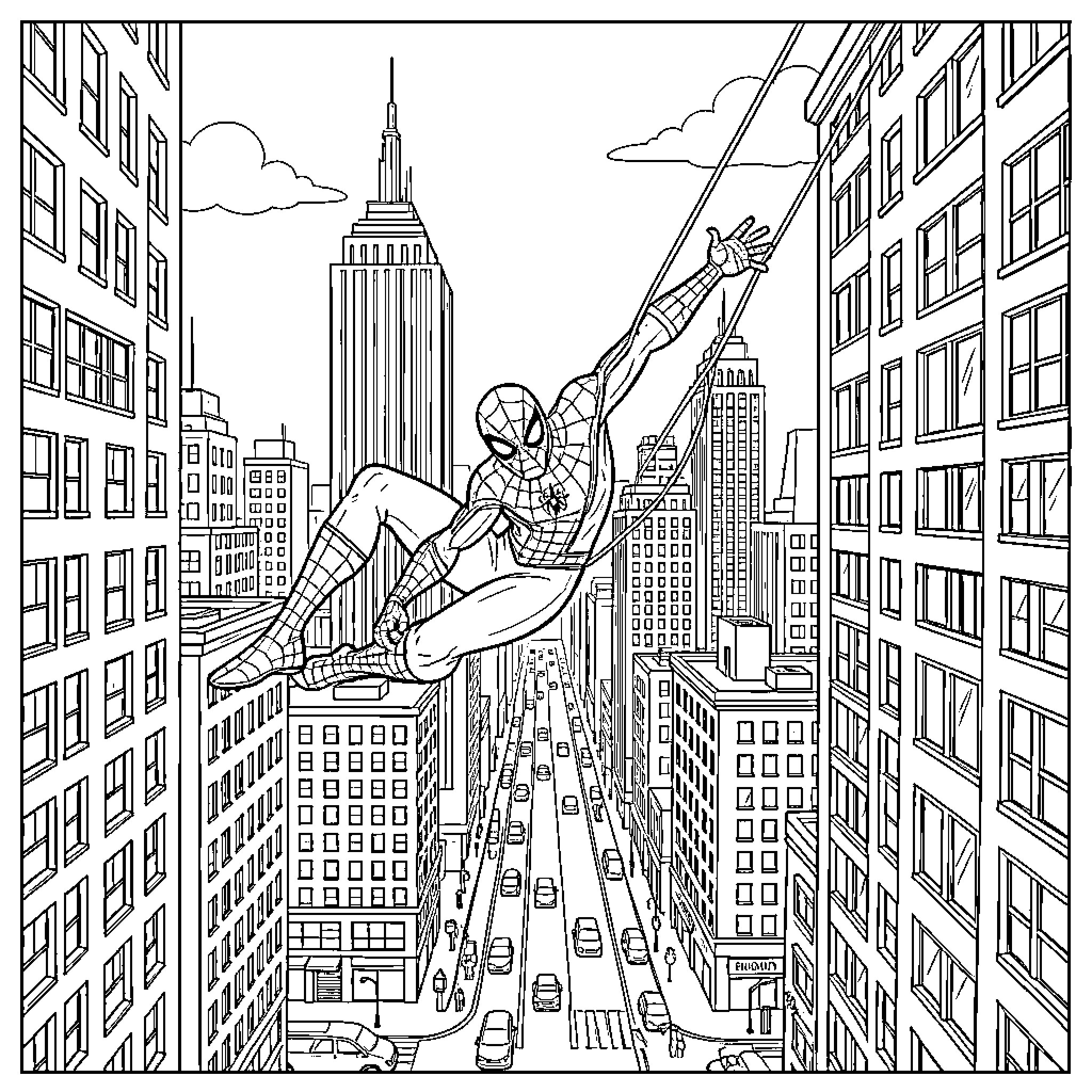 Spiderman swinging through the city skyscrapers Coloring Page (free black-and-white line drawing printable PDF for all, from beginners to advanced learners, including children, teens, adults, and seniors)