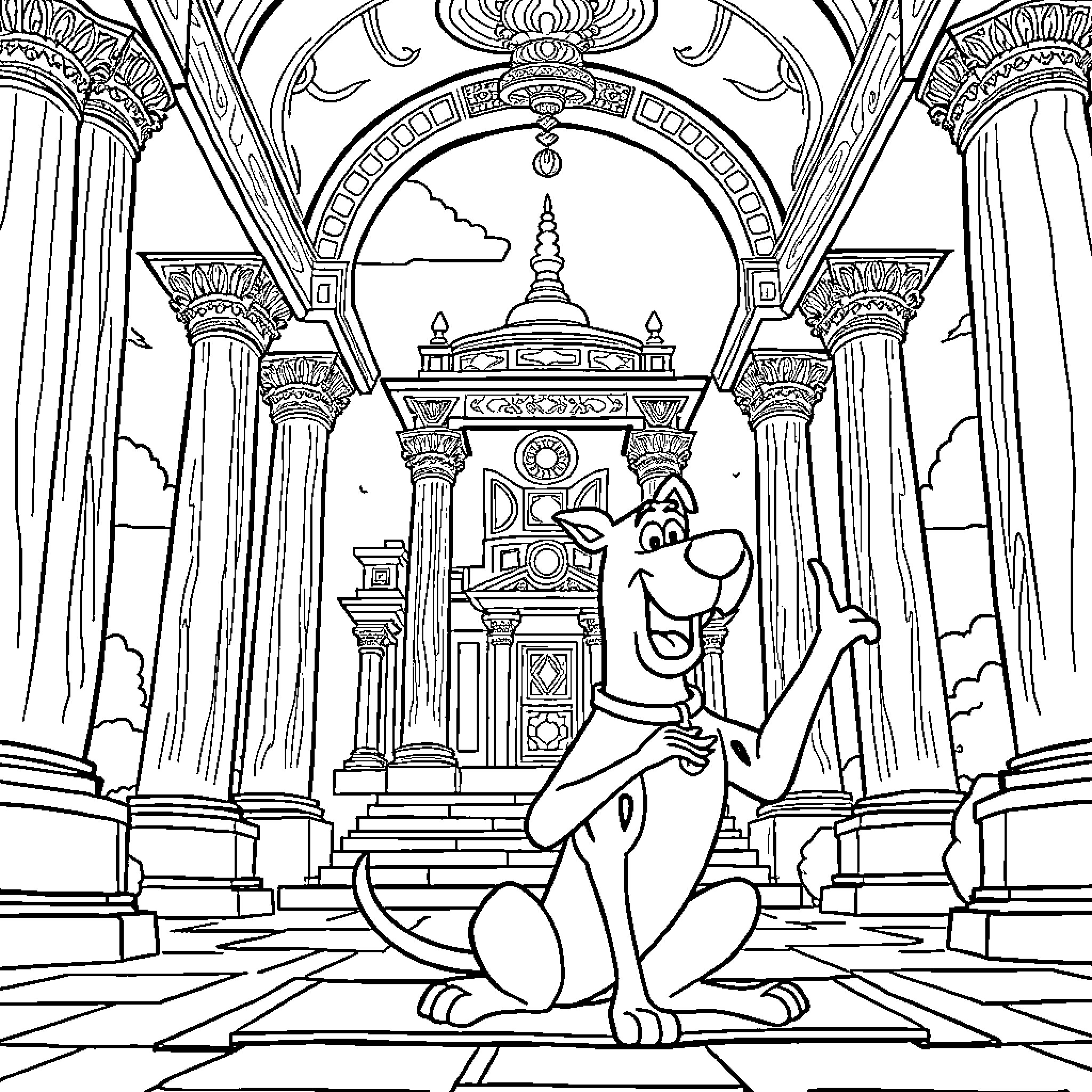 Scooby Doo in a Majestic Ancient Temple Coloring Page (free black-and-white line drawing printable PDF for all, from beginners to advanced learners, including children, teens, adults, and seniors)