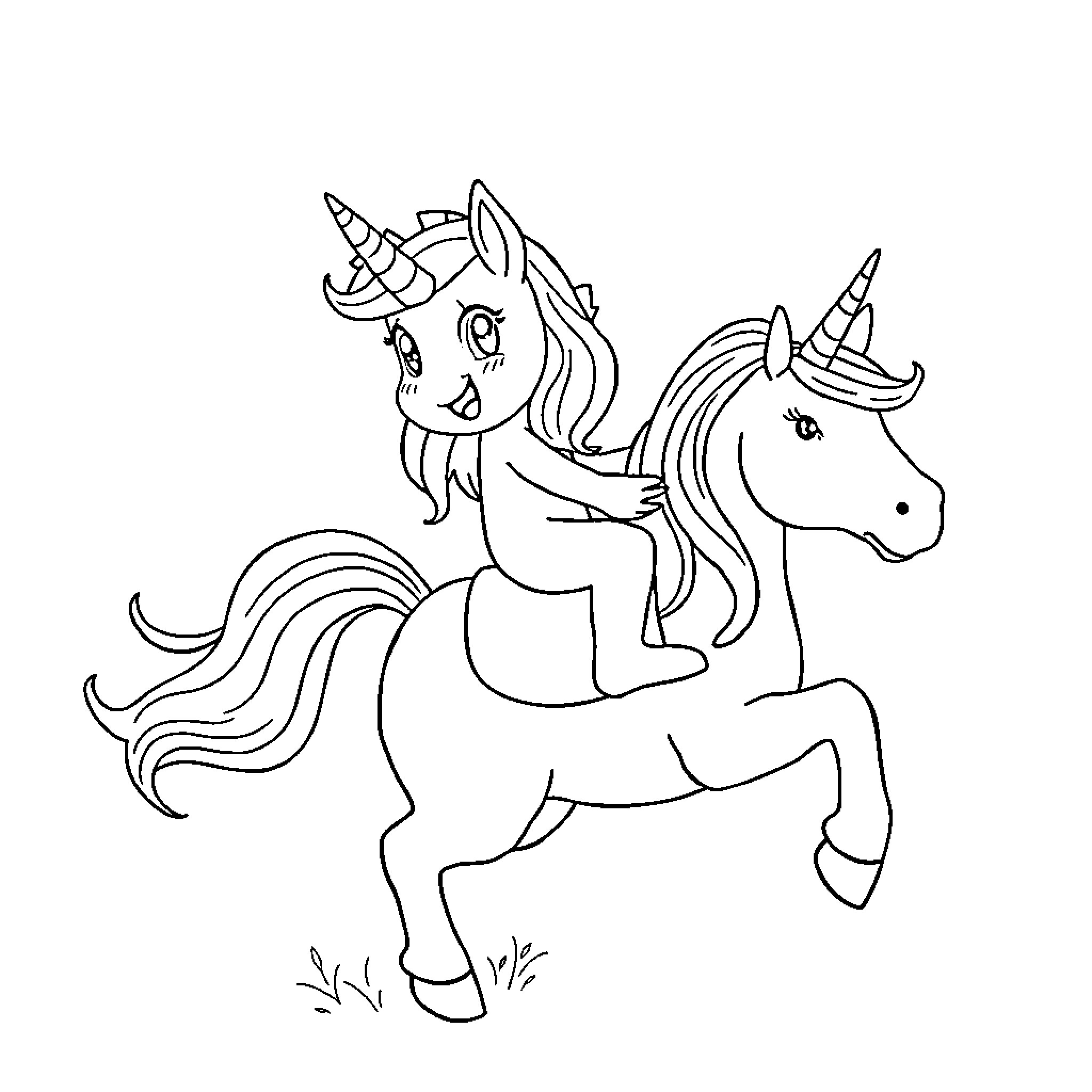 Bluey unicorns playing joyfully on the meadow Coloring Page (free black-and-white line drawing printable PDF for all, from beginners to advanced learners, including children, teens, adults, and seniors)