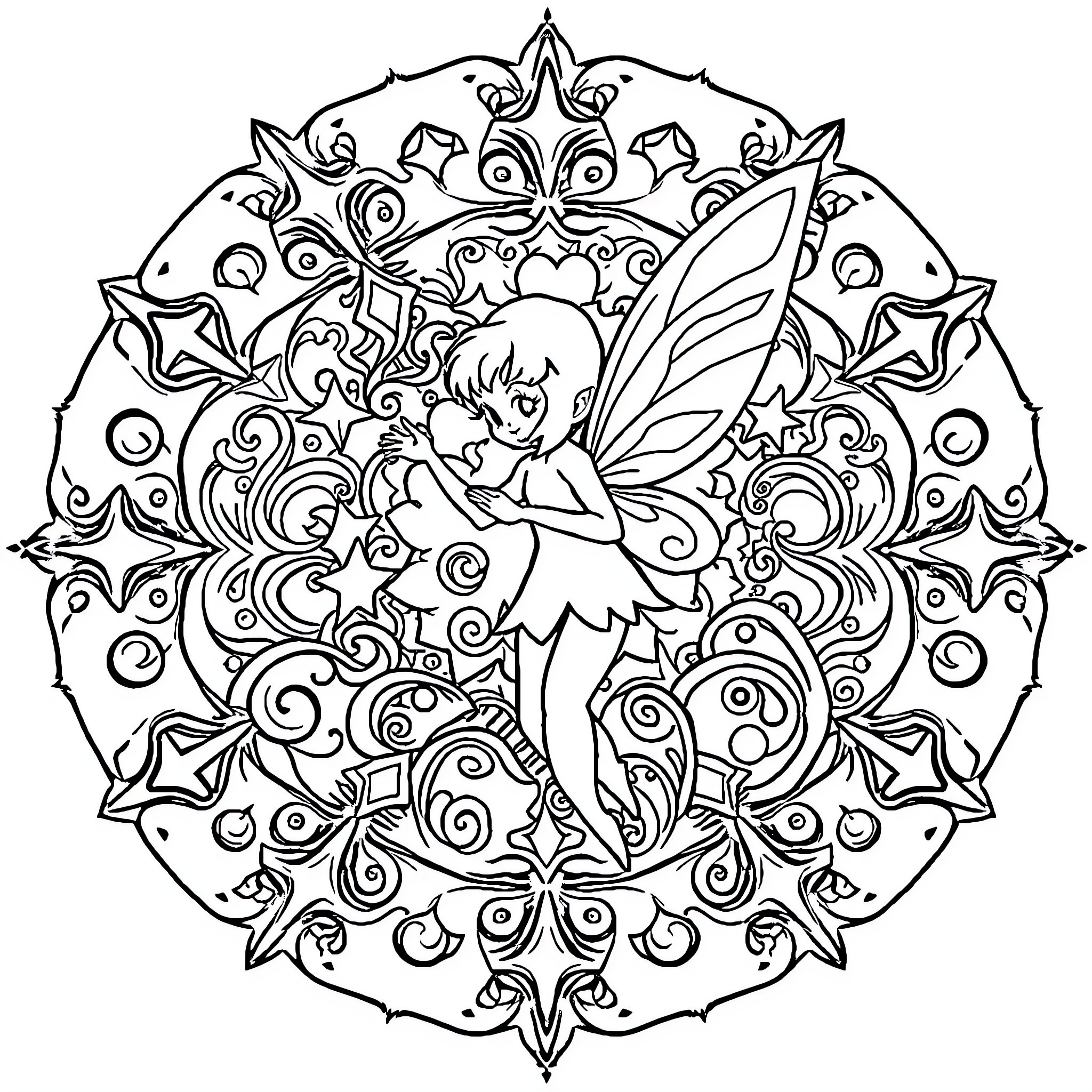 Fairy in Whimsical Mandala Design Coloring Page (free black-and-white line drawing printable PDF for all, from beginners to advanced learners, including children, teens, adults, and seniors)