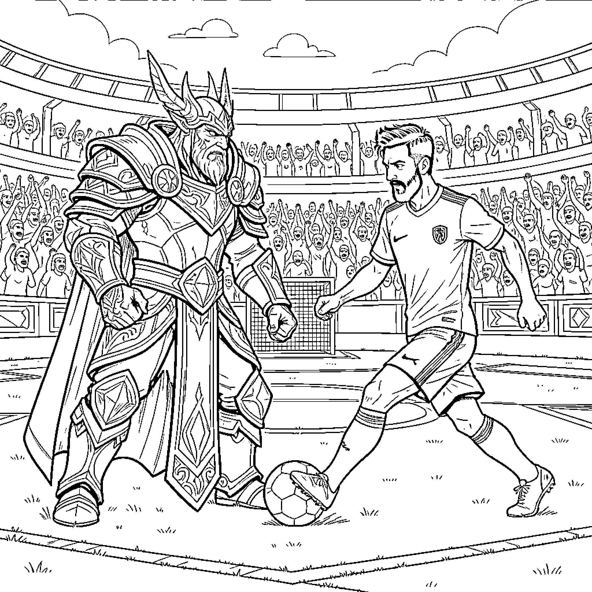 Lich King facing off against a soccer player Coloring Page (free black-and-white line drawing printable PDF for all, from beginners to advanced learners, including children, teens, adults, and seniors)