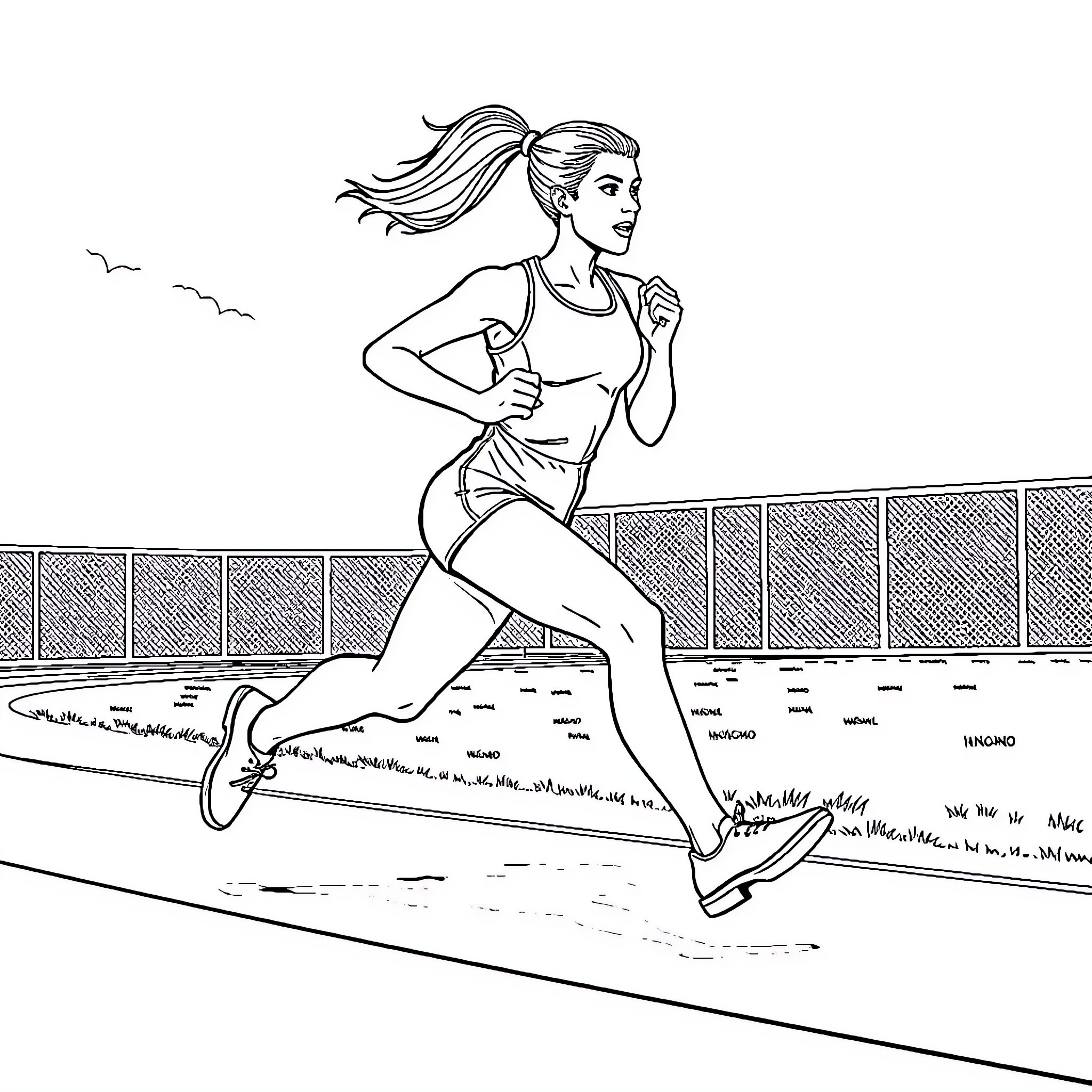 Athlete running on track in stadium Coloring Page (free black-and-white line drawing printable PDF for all, from beginners to advanced learners, including children, teens, adults, and seniors)