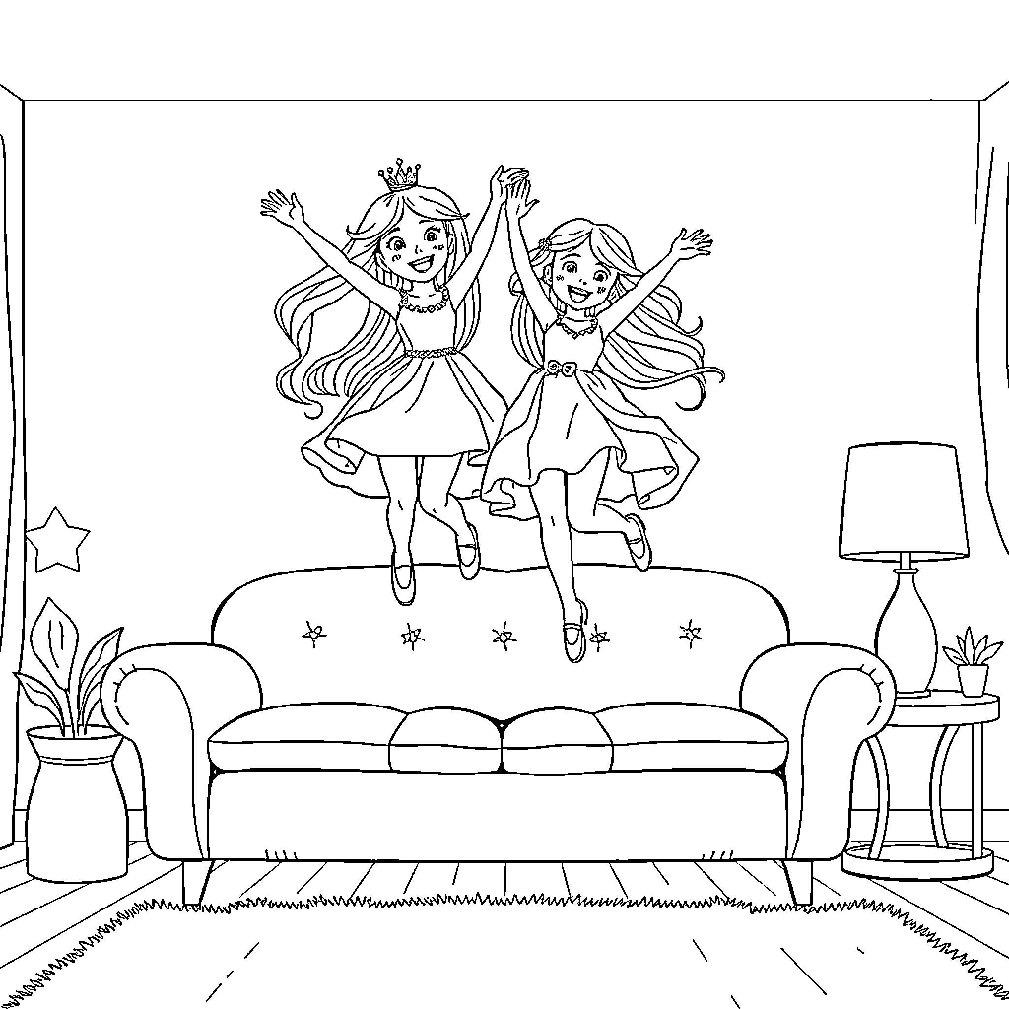 Princess Sisters Joyously Jumping on the Couch Coloring Page (free black-and-white line drawing printable PDF for all, from beginners to advanced learners, including children, teens, adults, and seniors)