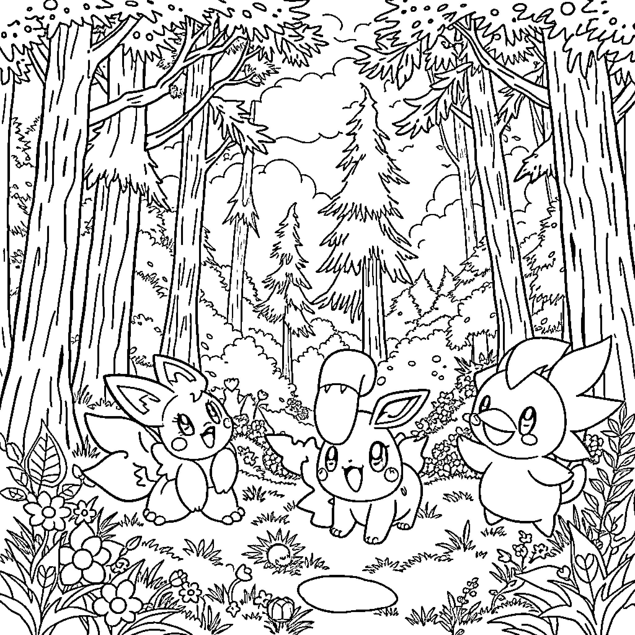 Pokémon exploring the magical forest Coloring Page (free black-and-white line drawing printable PDF for all, from beginners to advanced learners, including children, teens, adults, and seniors)