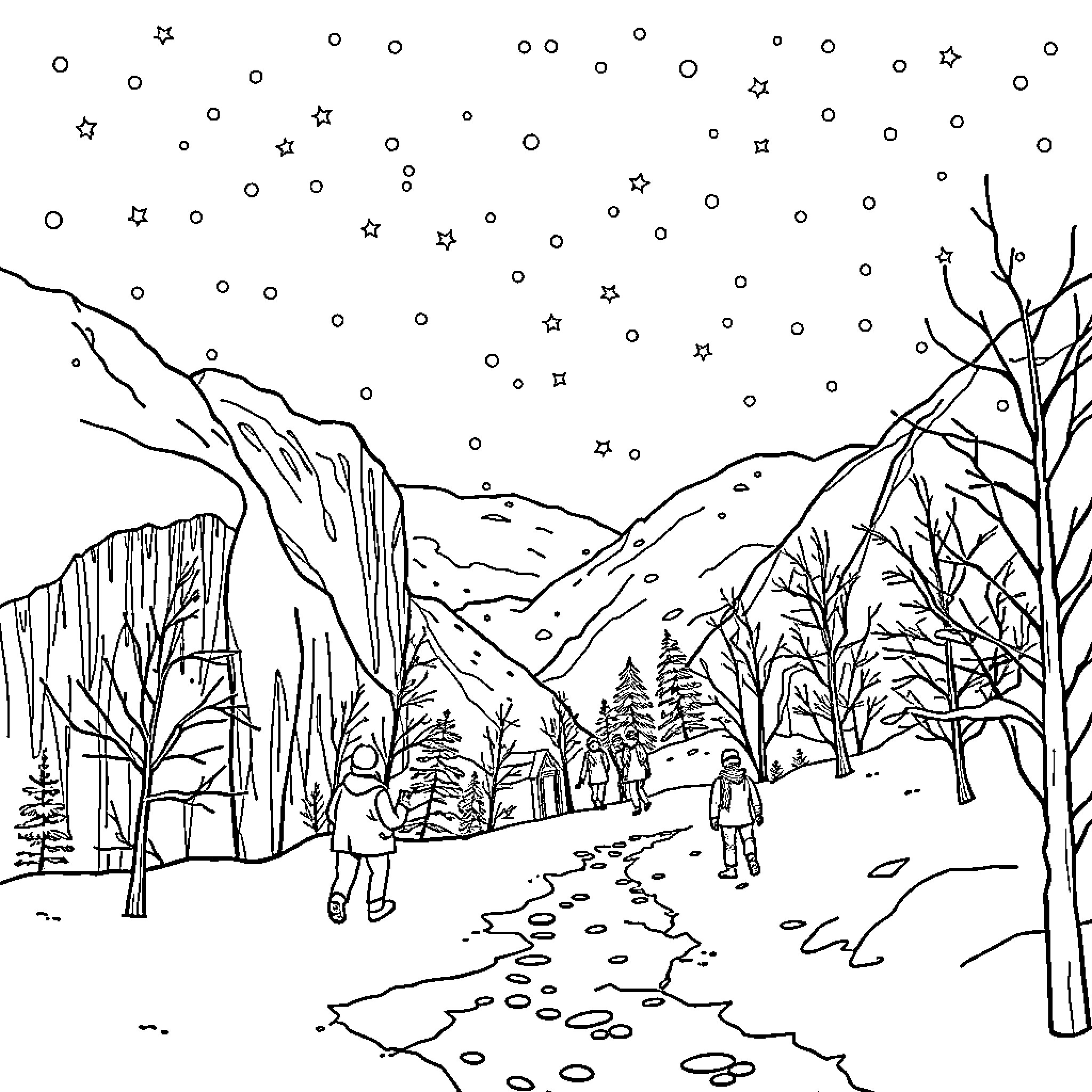Frozen winter landscape with snowy mountains and silhouettes Coloring Page (free black-and-white line drawing printable PDF for all, from beginners to advanced learners, including children, teens, adults, and seniors)