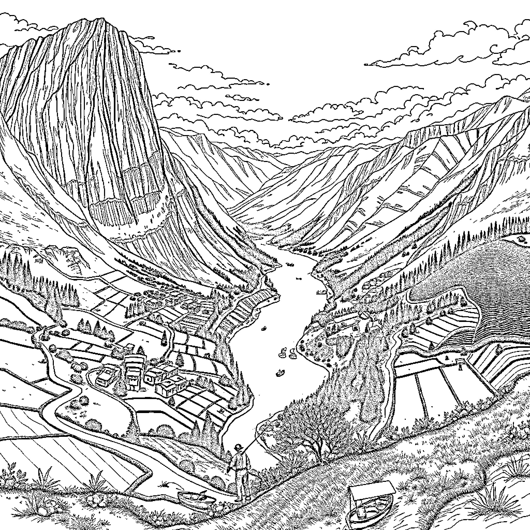Mountain Village Nestled in Rugged Landscape Coloring Page (free black-and-white line drawing printable PDF for all, from beginners to advanced learners, including children, teens, adults, and seniors)