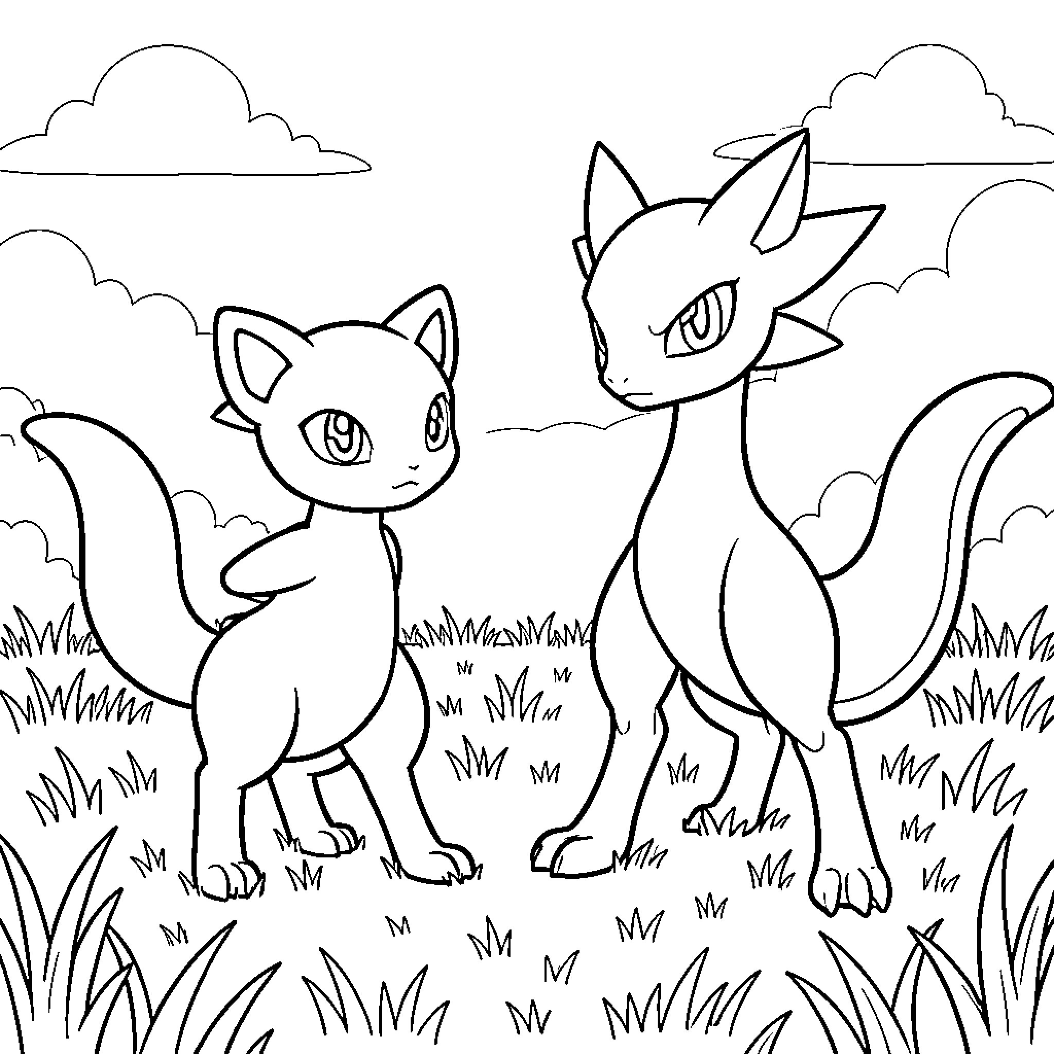 Mew standing curiously in a grassy field Coloring Page (free black-and-white line drawing printable PDF for all, from beginners to advanced learners, including children, teens, adults, and seniors)