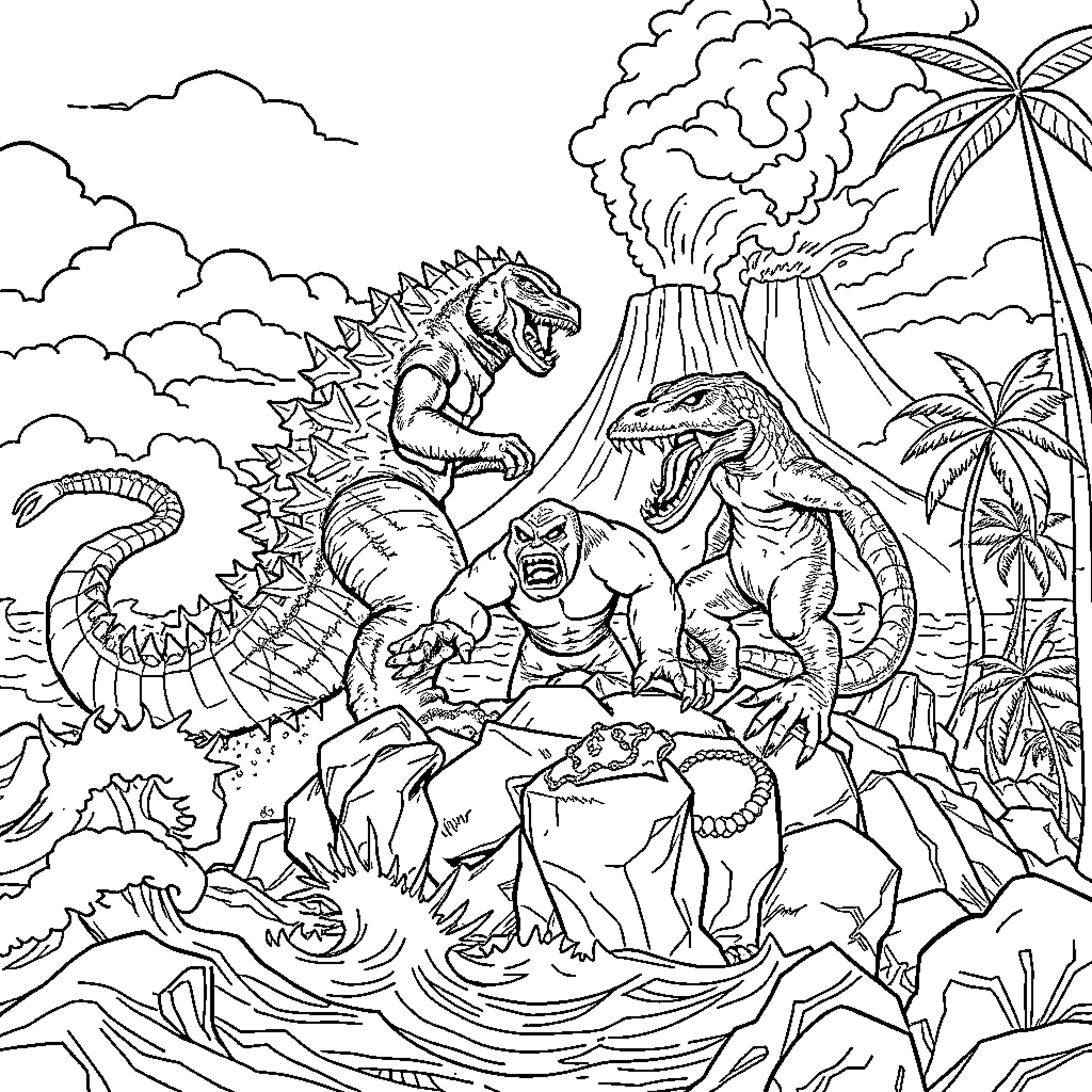 Monster Dinosaurs Battling Amidst Volcanic Eruption Coloring Page (free black-and-white line drawing printable PDF for all, from beginners to advanced learners, including children, teens, adults, and seniors)