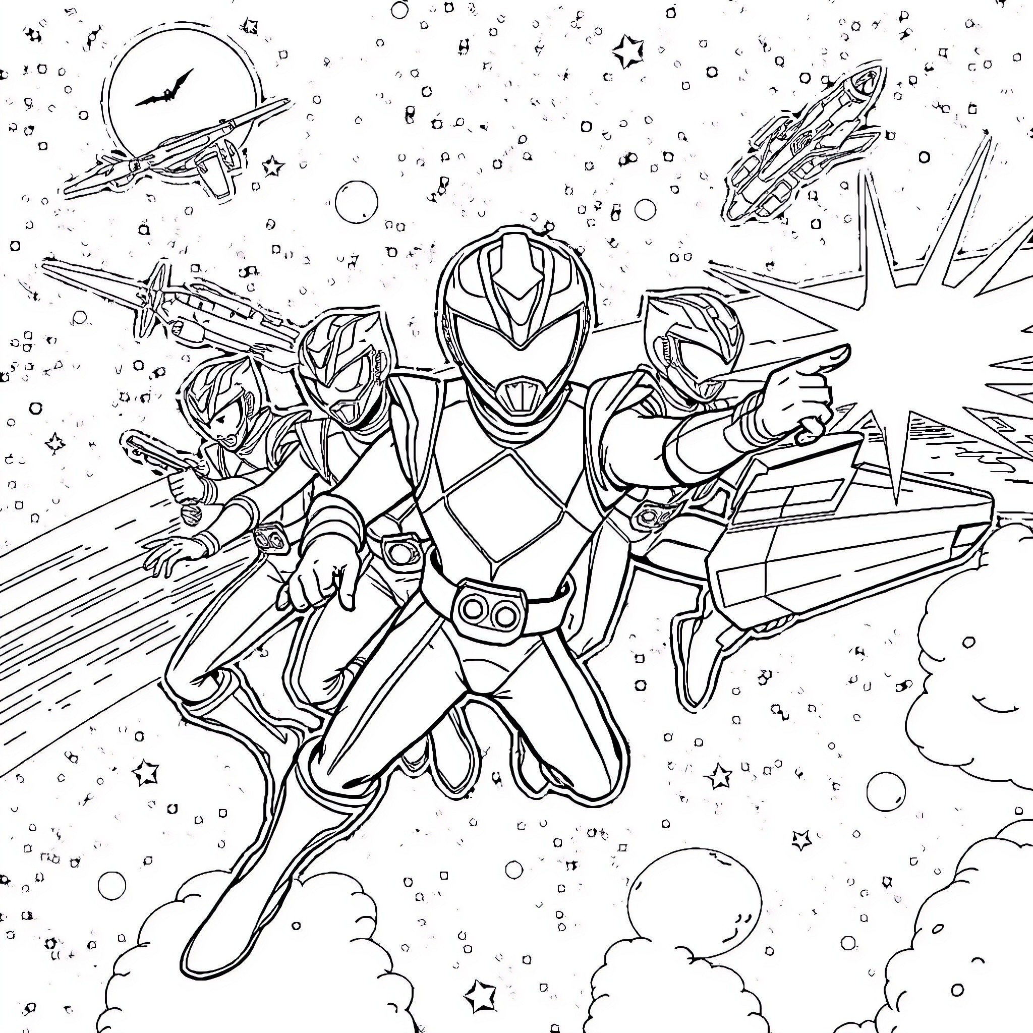 Kyuranger team in action-packed space adventure Coloring Page (free black-and-white line drawing printable PDF for all, from beginners to advanced learners, including children, teens, adults, and seniors)