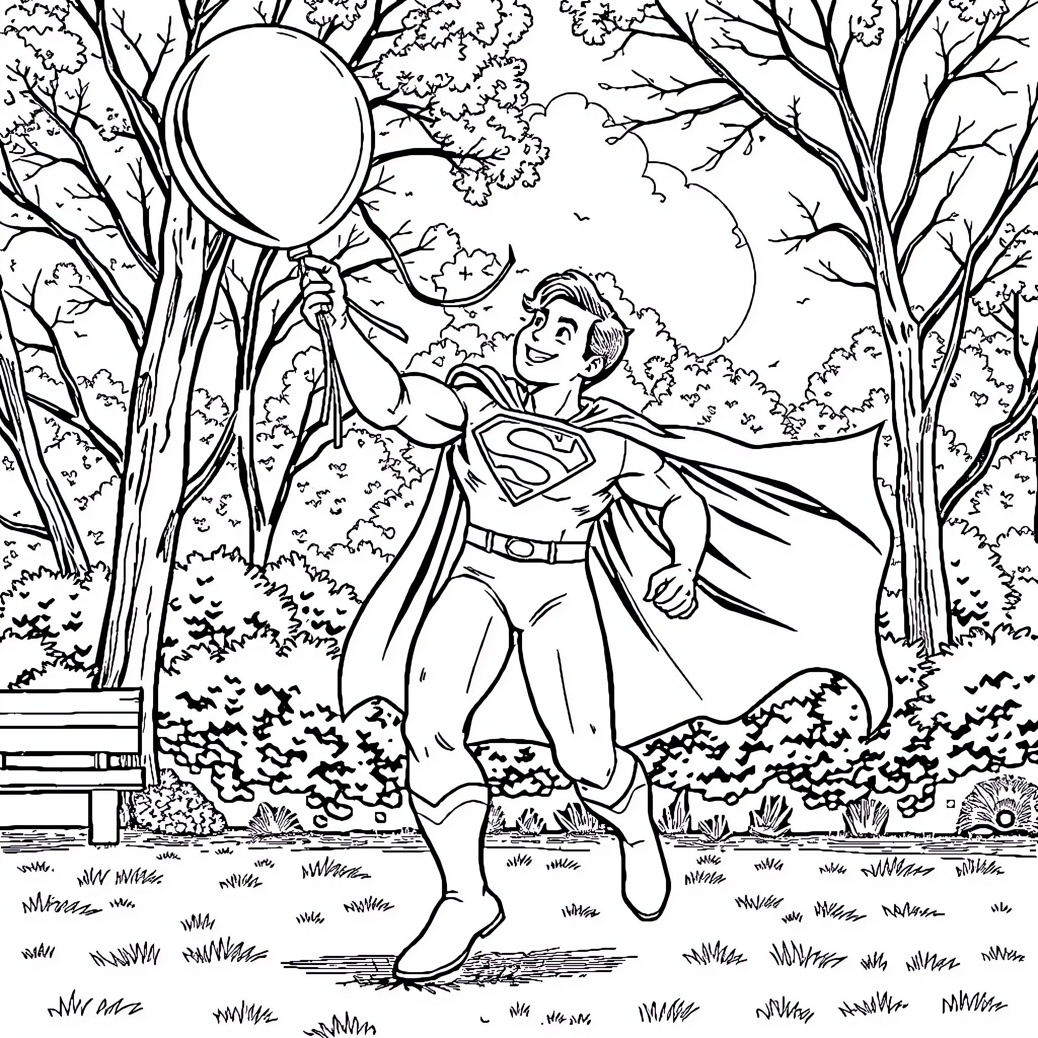 Superman exploring the magical forest landscape Coloring Page (free black-and-white line drawing printable PDF for all, from beginners to advanced learners, including children, teens, adults, and seniors)