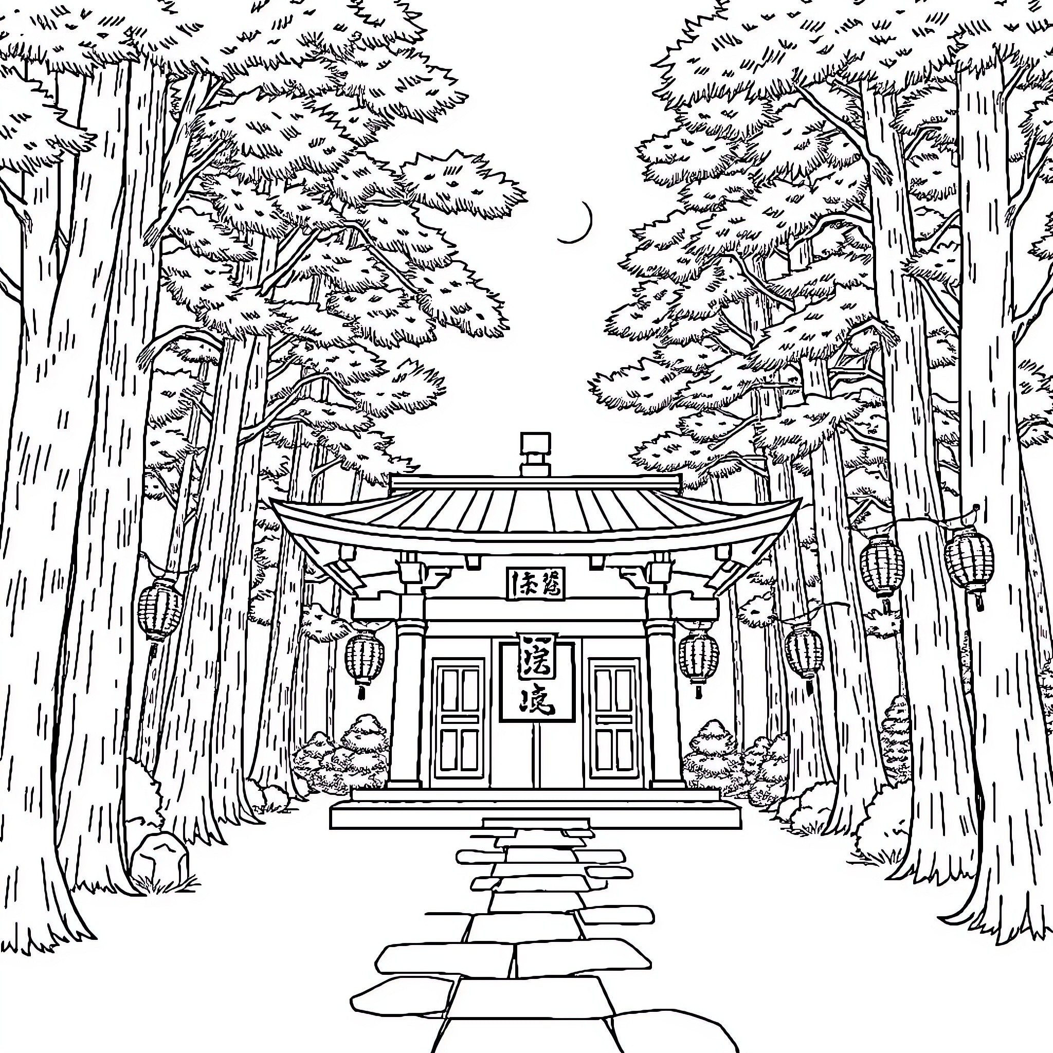 Shrine in the serene forest Coloring Page (free black-and-white line drawing printable PDF for all, from beginners to advanced learners, including children, teens, adults, and seniors)