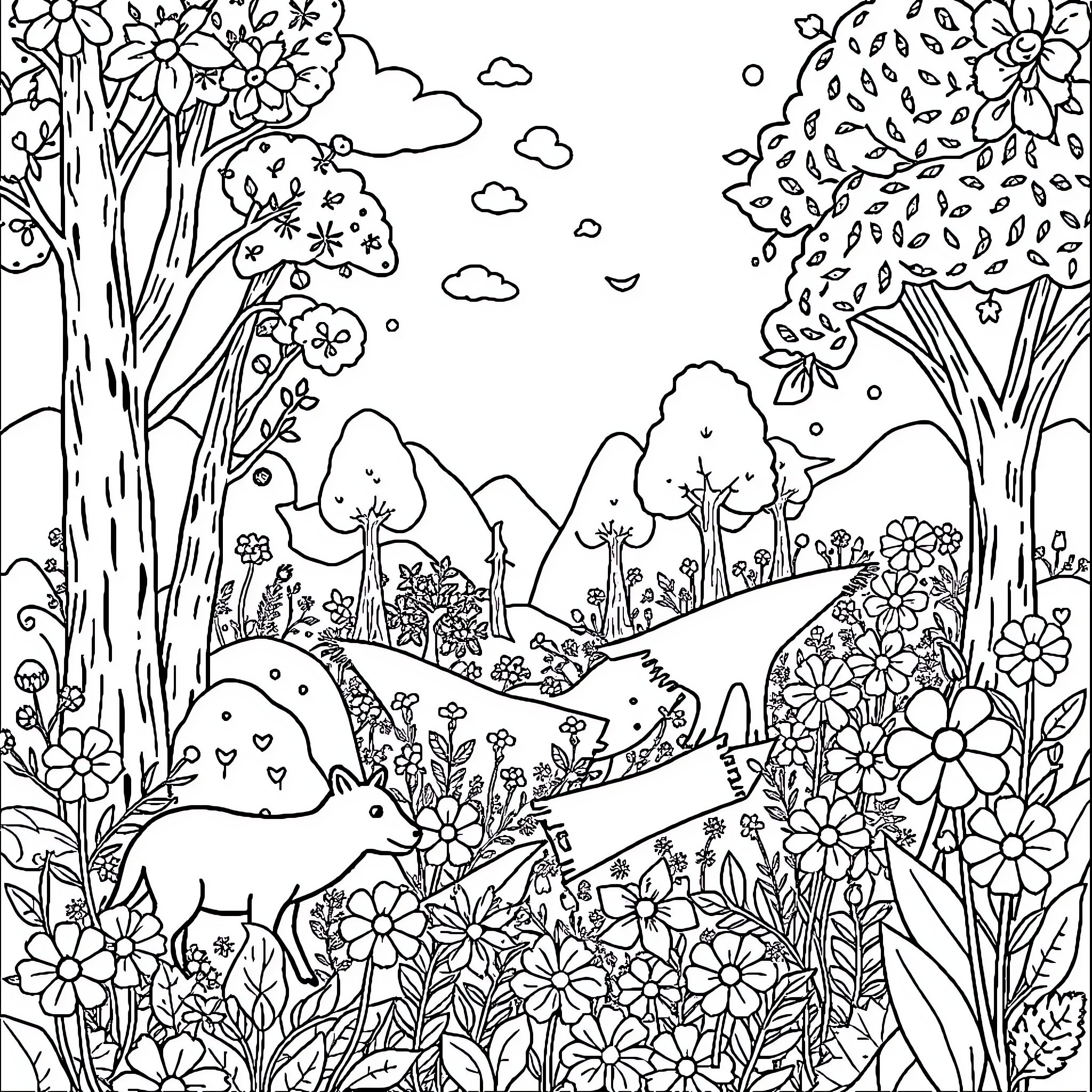 Nature's Vibrant Garden Landscape Coloring Page (free black-and-white line drawing printable PDF for all, from beginners to advanced learners, including children, teens, adults, and seniors)