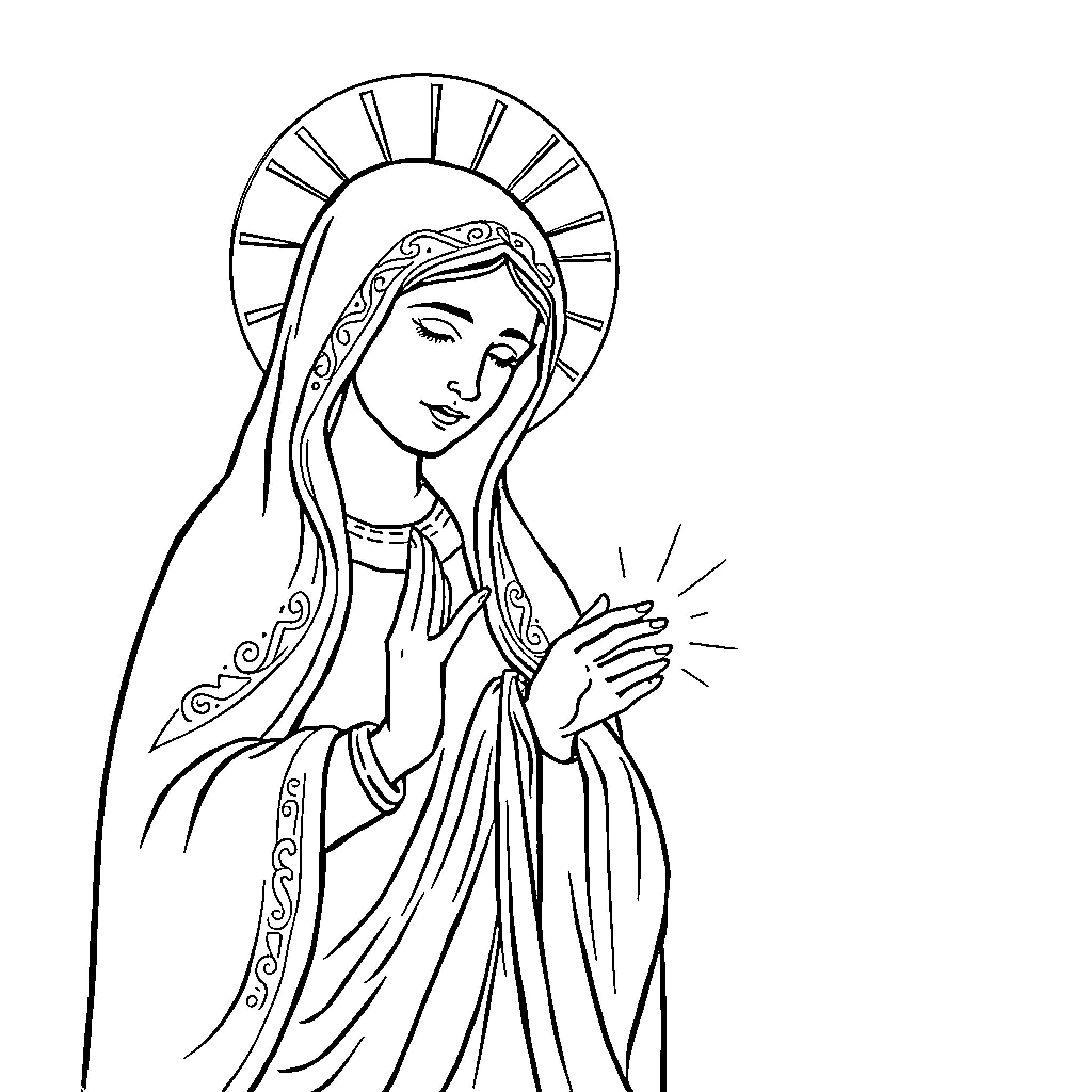 Virgin in Prayerful Contemplation Coloring Page (free black-and-white line drawing printable PDF for all, from beginners to advanced learners, including children, teens, adults, and seniors)