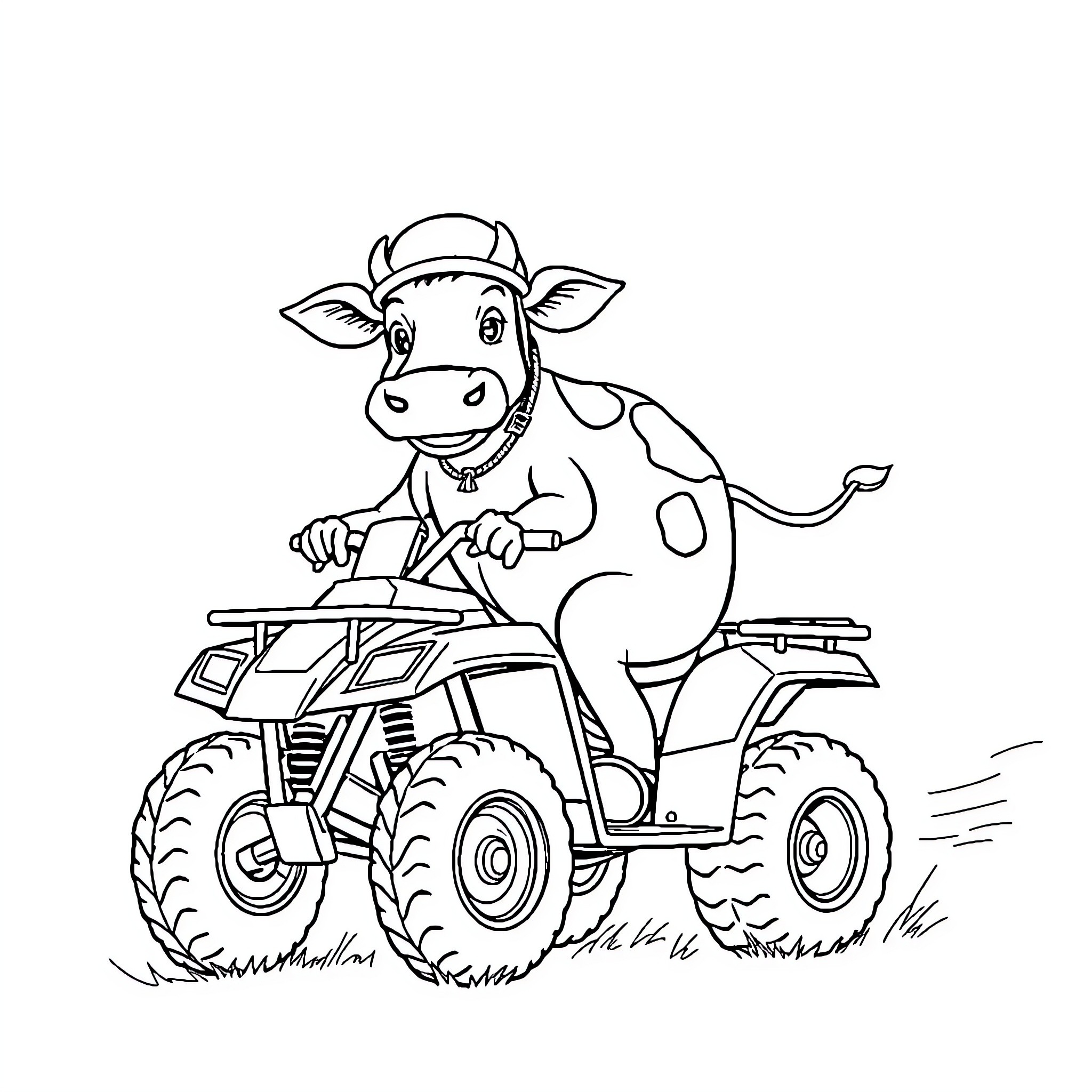 Cow riding a quad bike on the farm Coloring Page (free black-and-white line drawing printable PDF for all, from beginners to advanced learners, including children, teens, adults, and seniors)