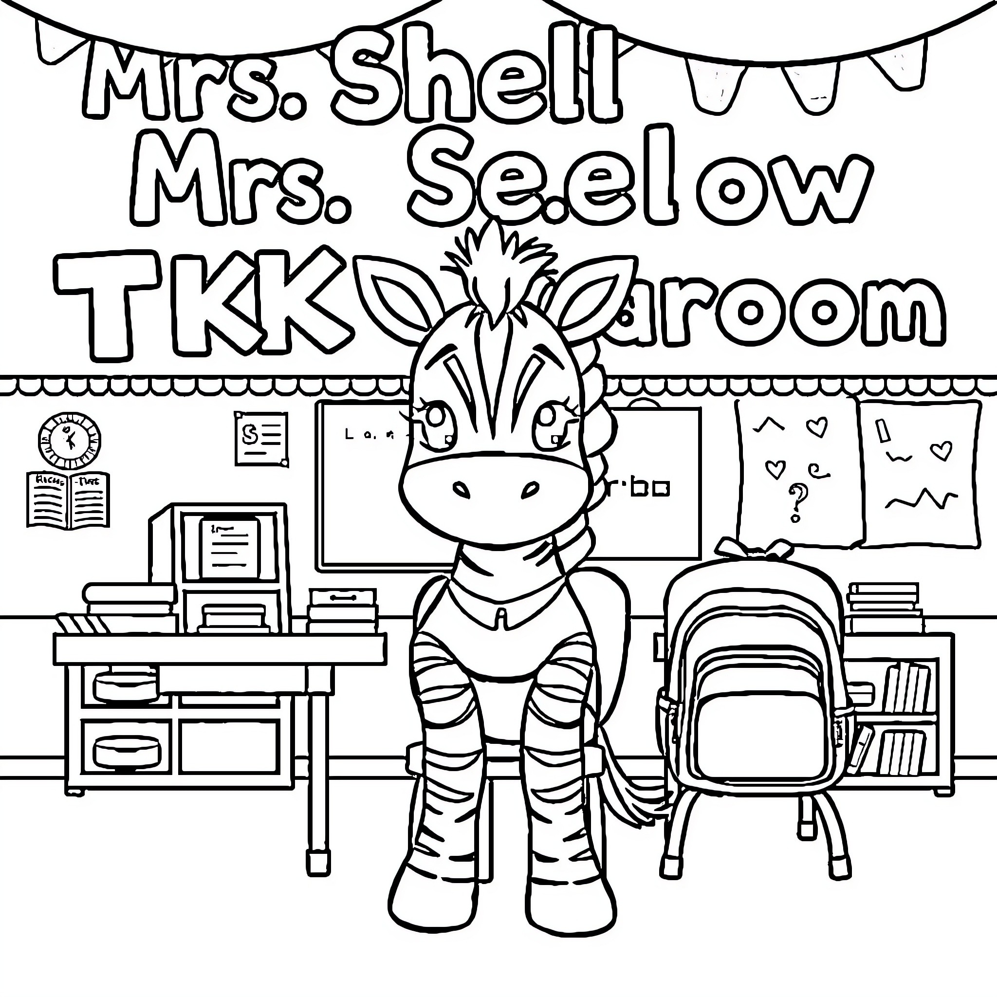 Zebra in a Classroom Setting Coloring Page (free black-and-white line drawing printable PDF for all, from beginners to advanced learners, including children, teens, adults, and seniors)